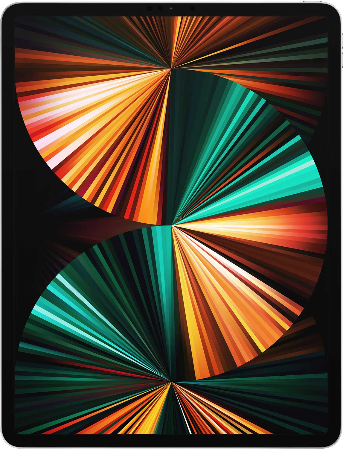 Tablet wyświetla abstrakcyjne tło z promieniami w kształcie wachlarza w kolorach pomarańczowym, zielonym i białym.