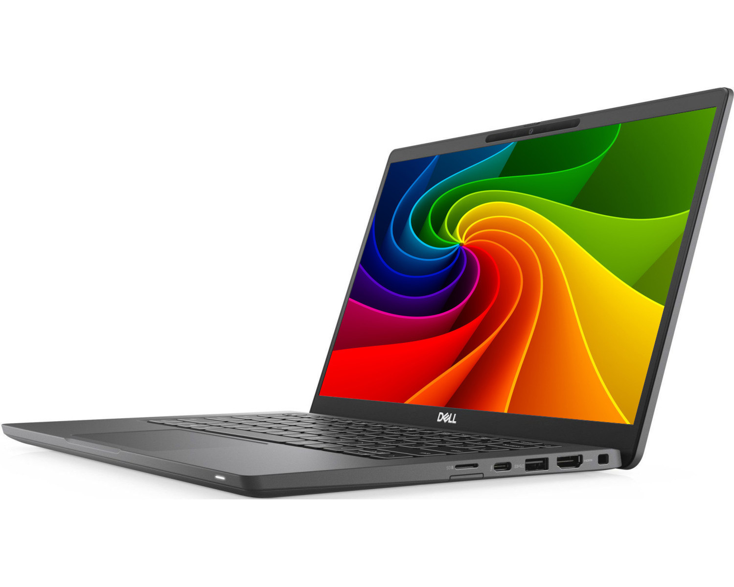 Ein geöffneter grauer Dell Laptop mit einem bunten Strudel auf dem Bildschirm.