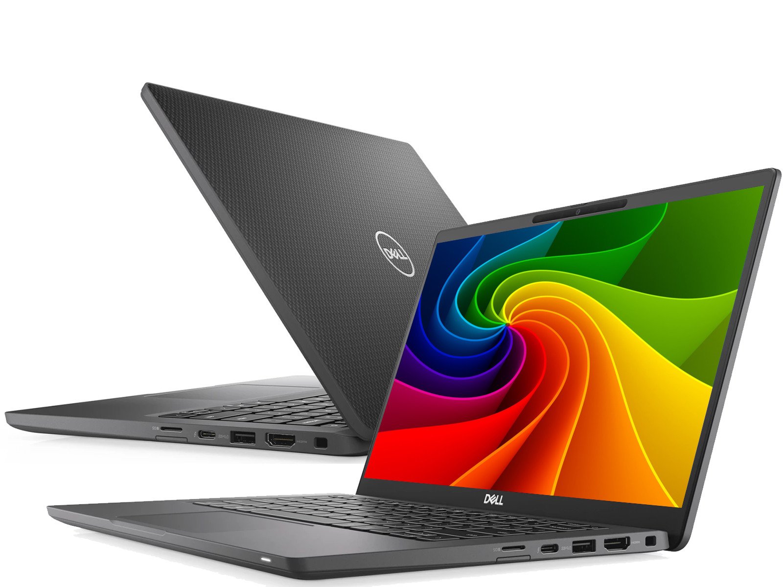 Zwei dunkle Dell-Laptops mit Regenbogen-Hintergrund auf dem Bildschirm.