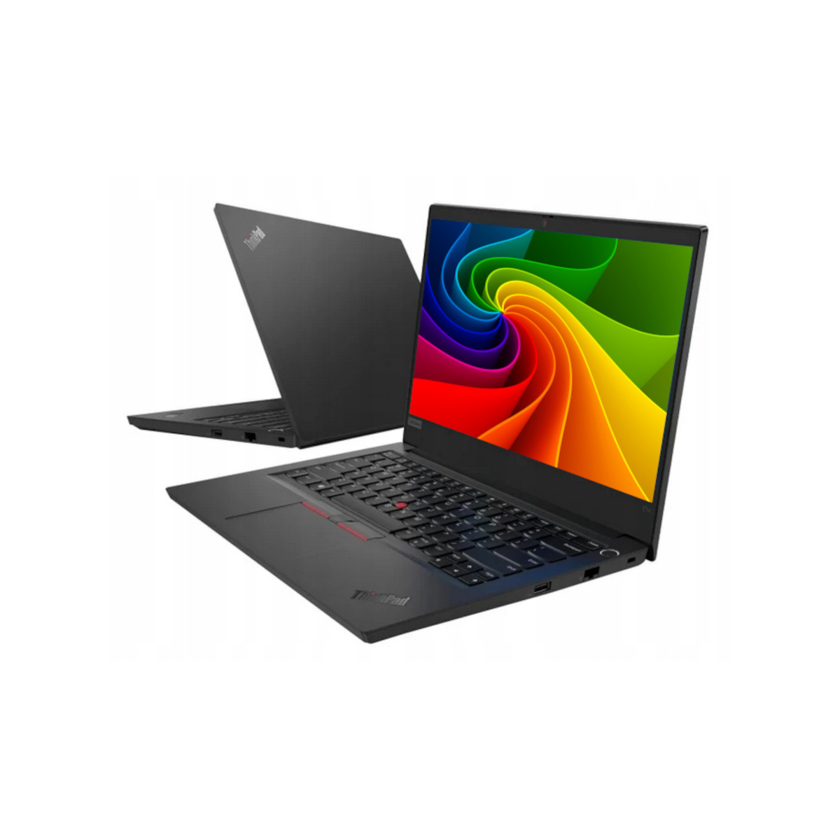 Zwei schwarze Laptops mit einem bunten Hintergrund auf dem Bildschirm.