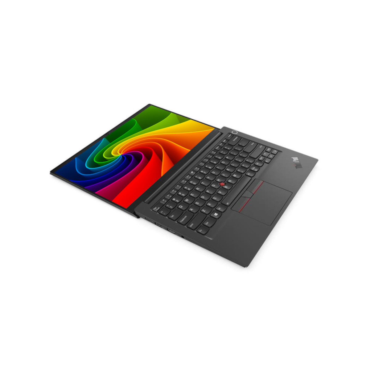Ein offener Laptop mit einem Regenbogen-Wirbelmuster auf dem Bildschirm.
