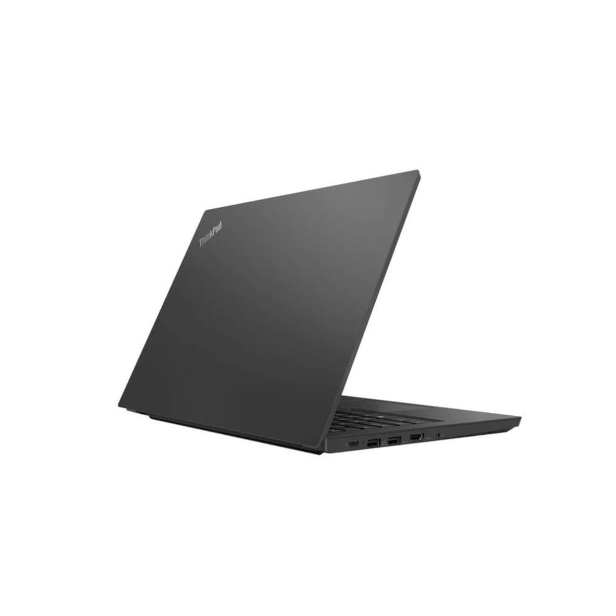 Schwarzer ThinkPad Laptop, von links hinten gezeigt, mit angeschlossenem Netzteil.