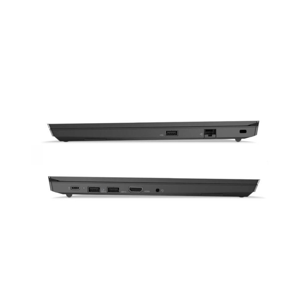 Seitenansicht eines dunklen Laptops mit Anschlüssen: USB, HDMI, Ethernet.