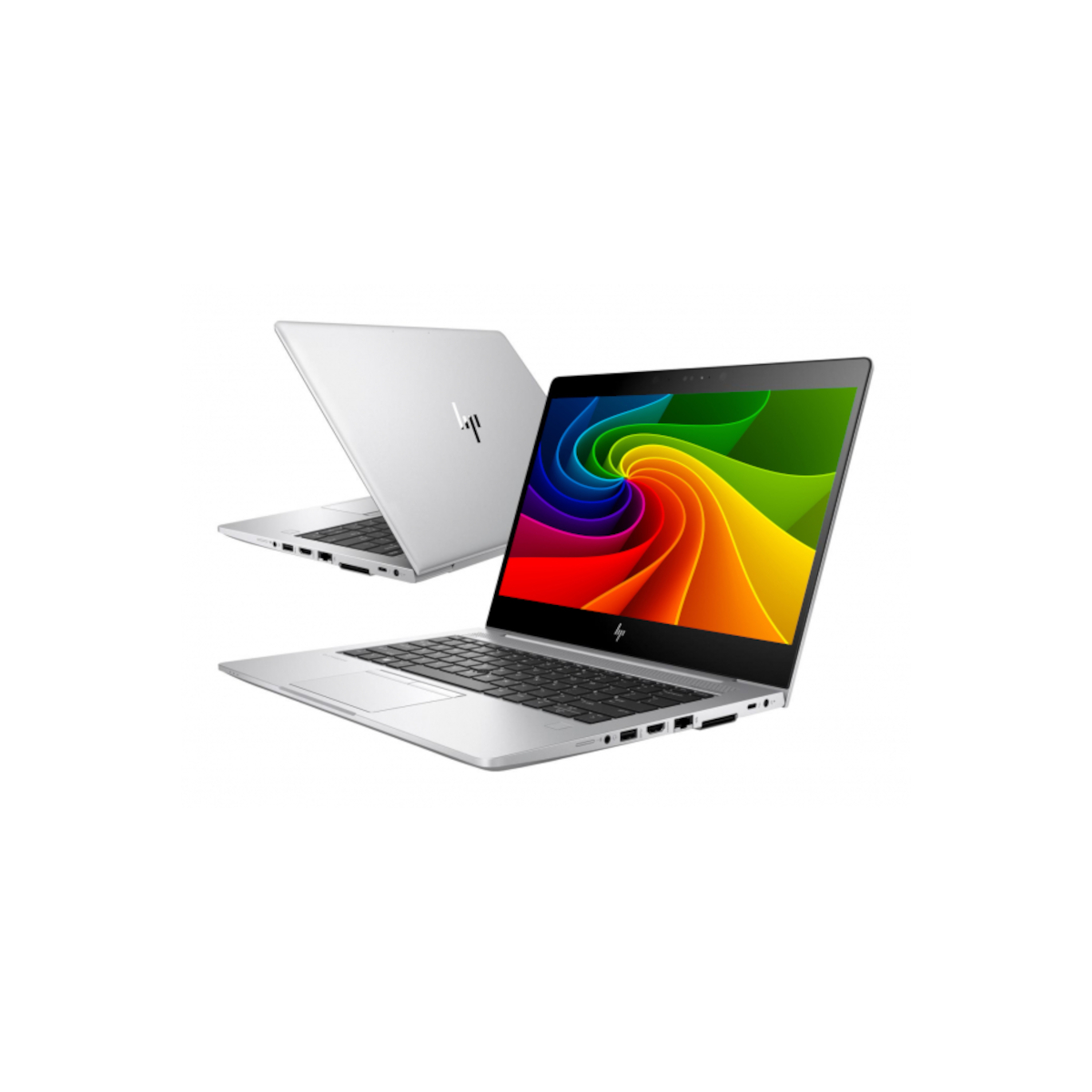 Zwei silberne Laptops nebeneinander, einer davon geöffnet mit buntem Hintergrund.