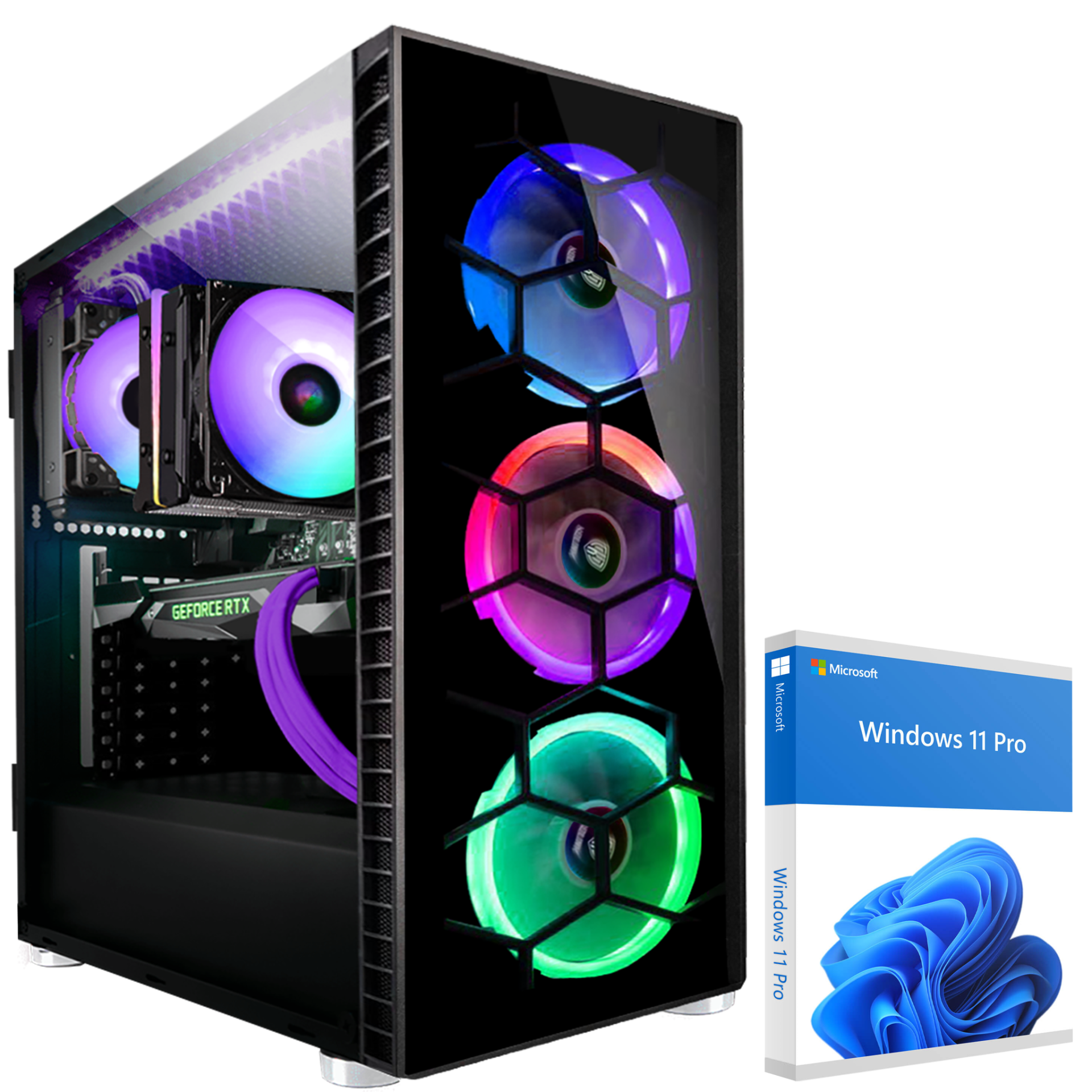 Ein PC-Gehäuse mit RGB-Lüftern und einer Windows 11 Pro-Box daneben.
