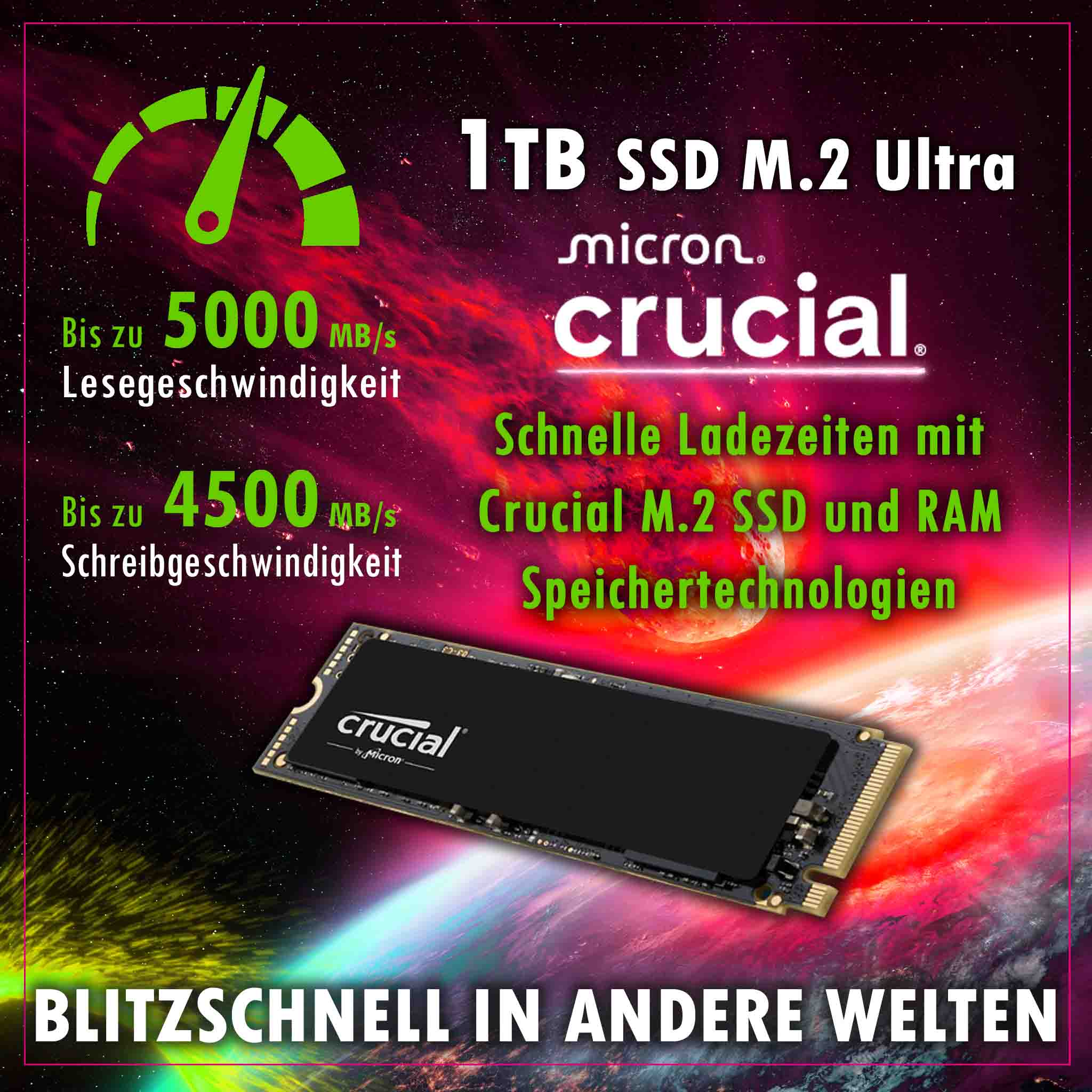 Crucial 1TB M.2 SSD mit 5000MB/s Lese- und 4500MB/s Schreibgeschwindigkeit.
