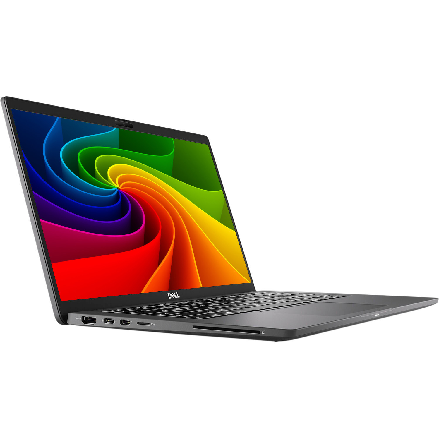 Ein dunkelgraues Dell-Laptop ist geöffnet und zeigt einen bunten Wirbel auf dem Bildschirm.
