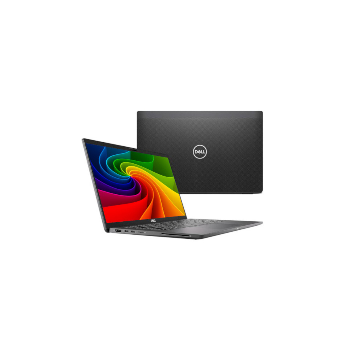 Ein schwarzer Dell Laptop mit offenem Deckel, farbiger Tapete und geschlossenem Deckel.