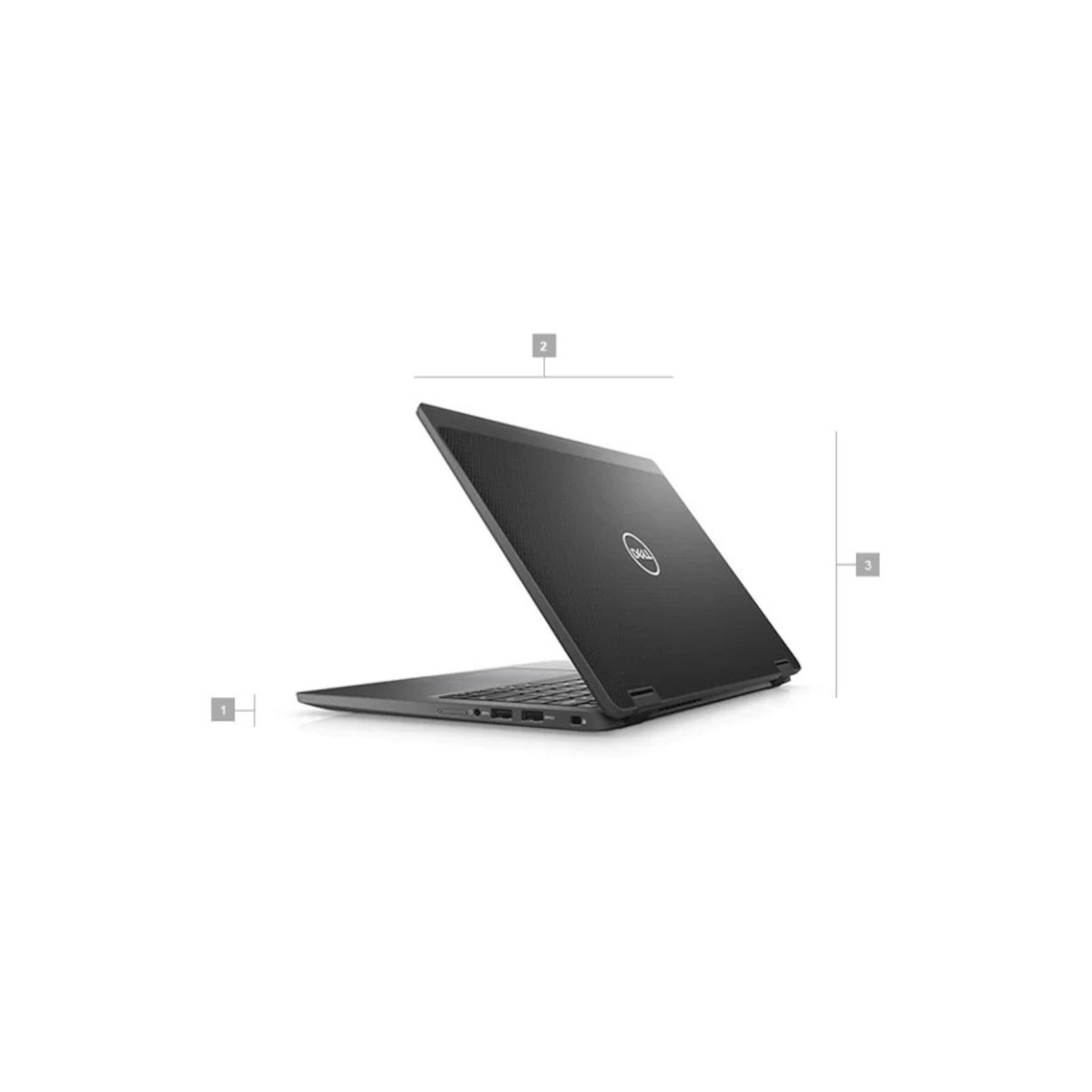 Schwarzer Dell Laptop, teilweise geöffnet, mit Ansicht der Anschlüsse und des Logos.
