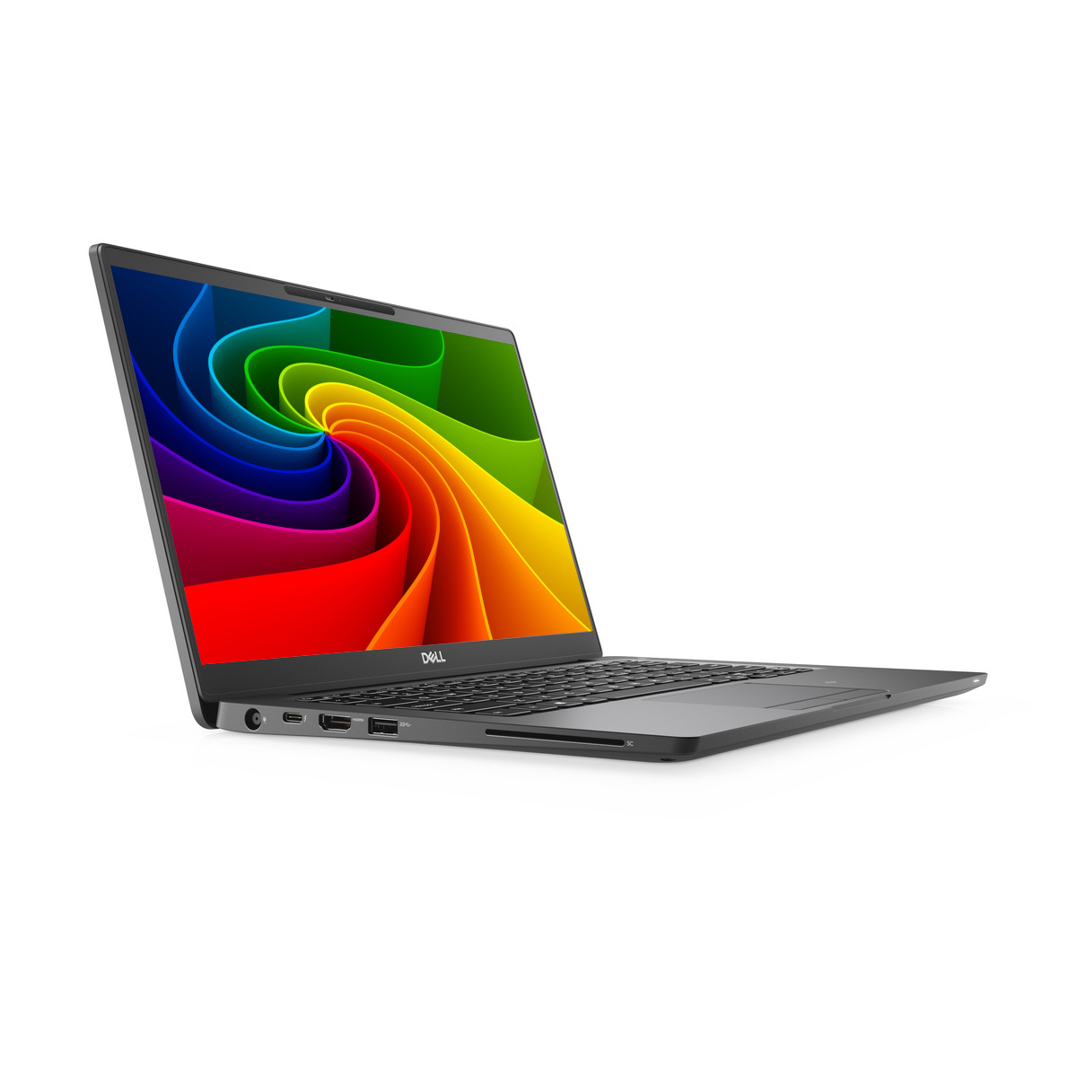 Ein geöffneter Dell Laptop mit einem bunten, wirbelnden Hintergrund auf dem Bildschirm.