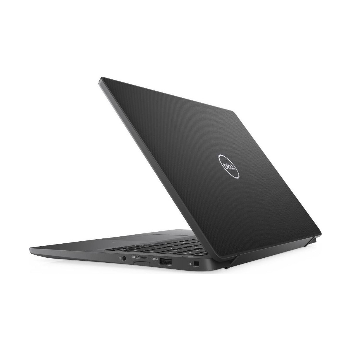 Schwarzer Dell Laptop, offen, mit Tastatur und Anschlüssen sichtbar.