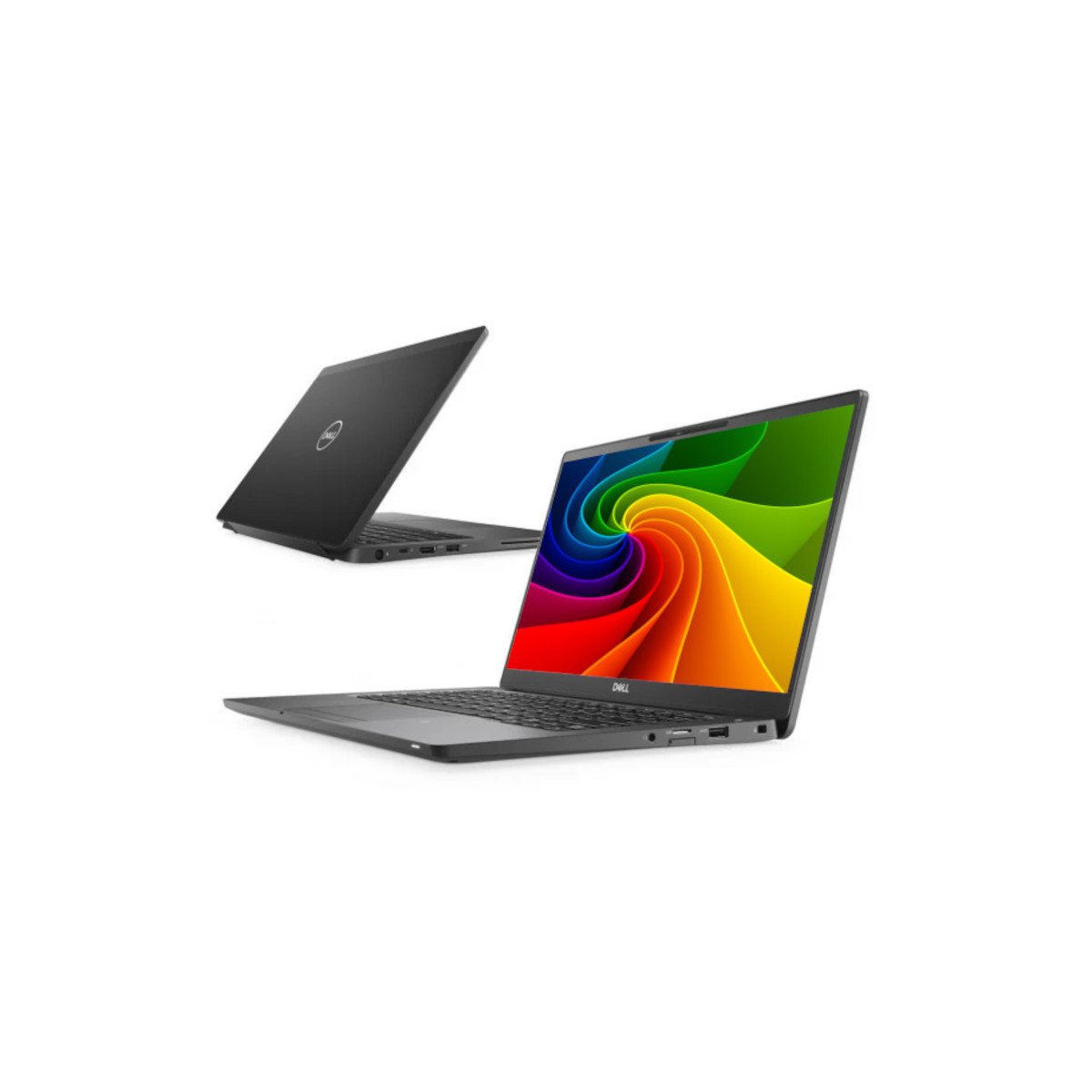 Zwei Dell-Laptops, einer mit bunter Bildschirmgrafik, der andere geschlossen.