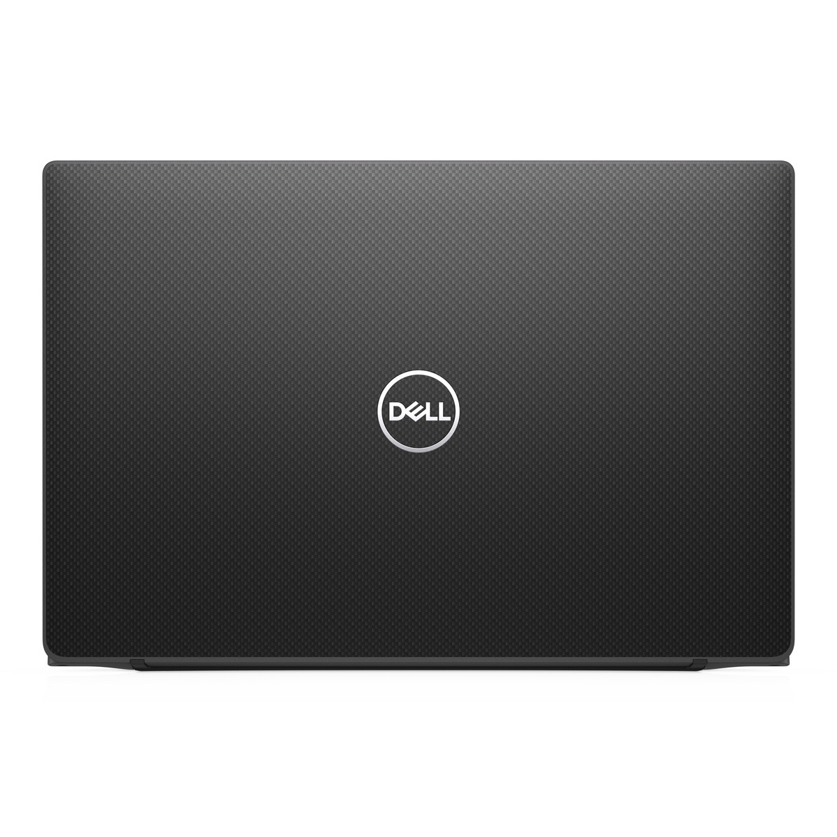 Geschlossener schwarzer Dell Laptop mit Rautenmuster und Logo.