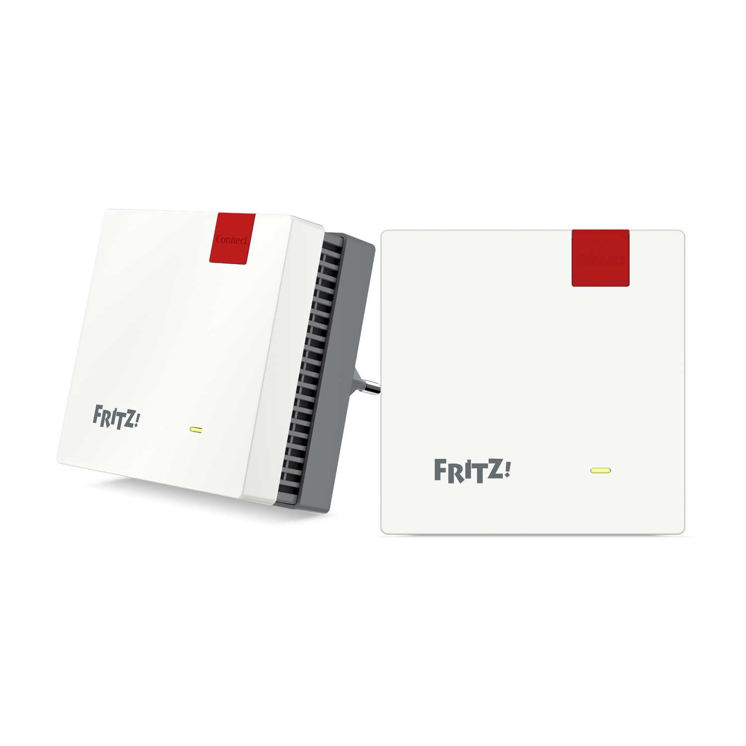 Zwei weiße Fritz!Box-Geräte mit rotem „Connect“-Button und Lüftungsschlitzen.