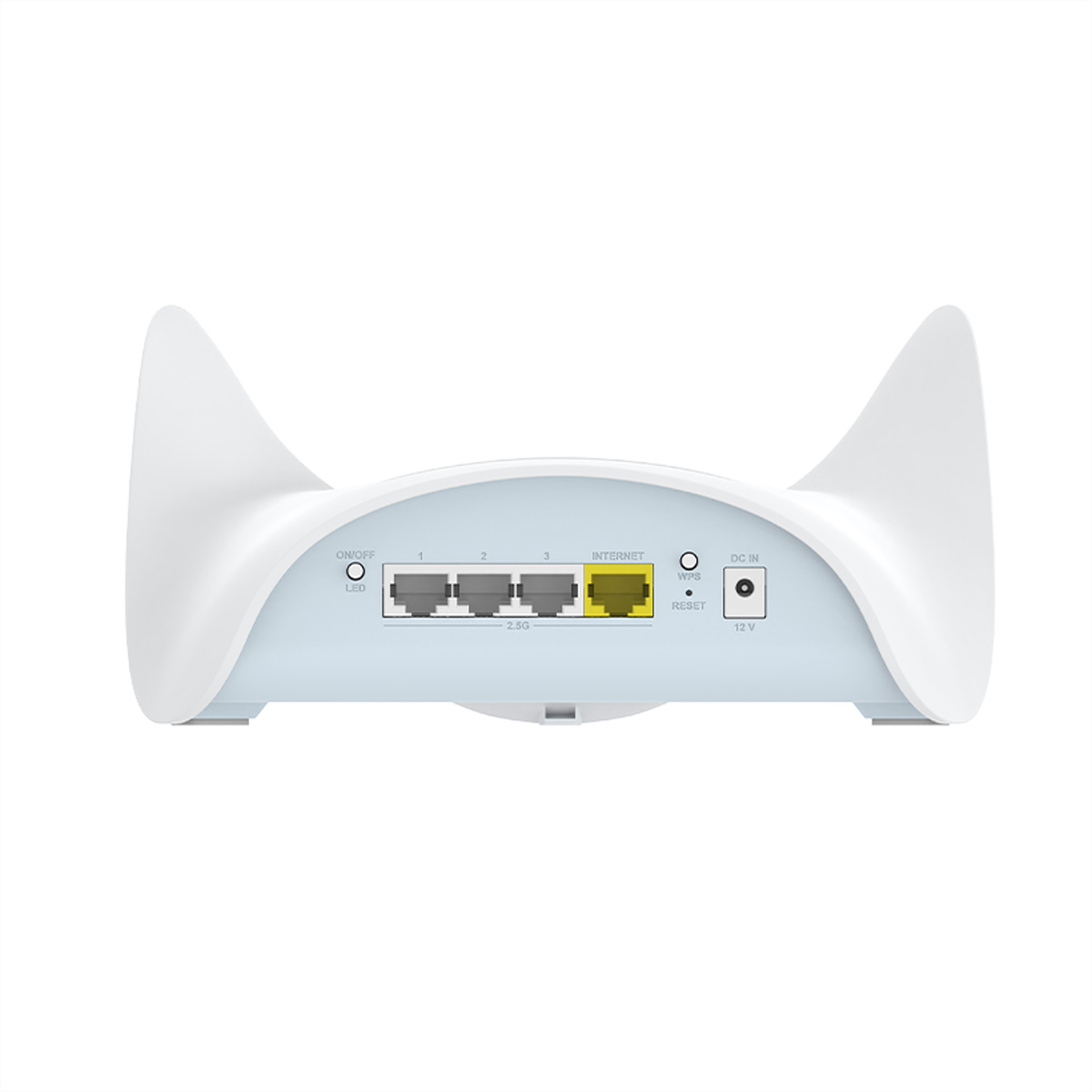 Un router bianco con porte: ON/OFF, LED, 3x LAN, Internet, WPS, Reset, DC IN.