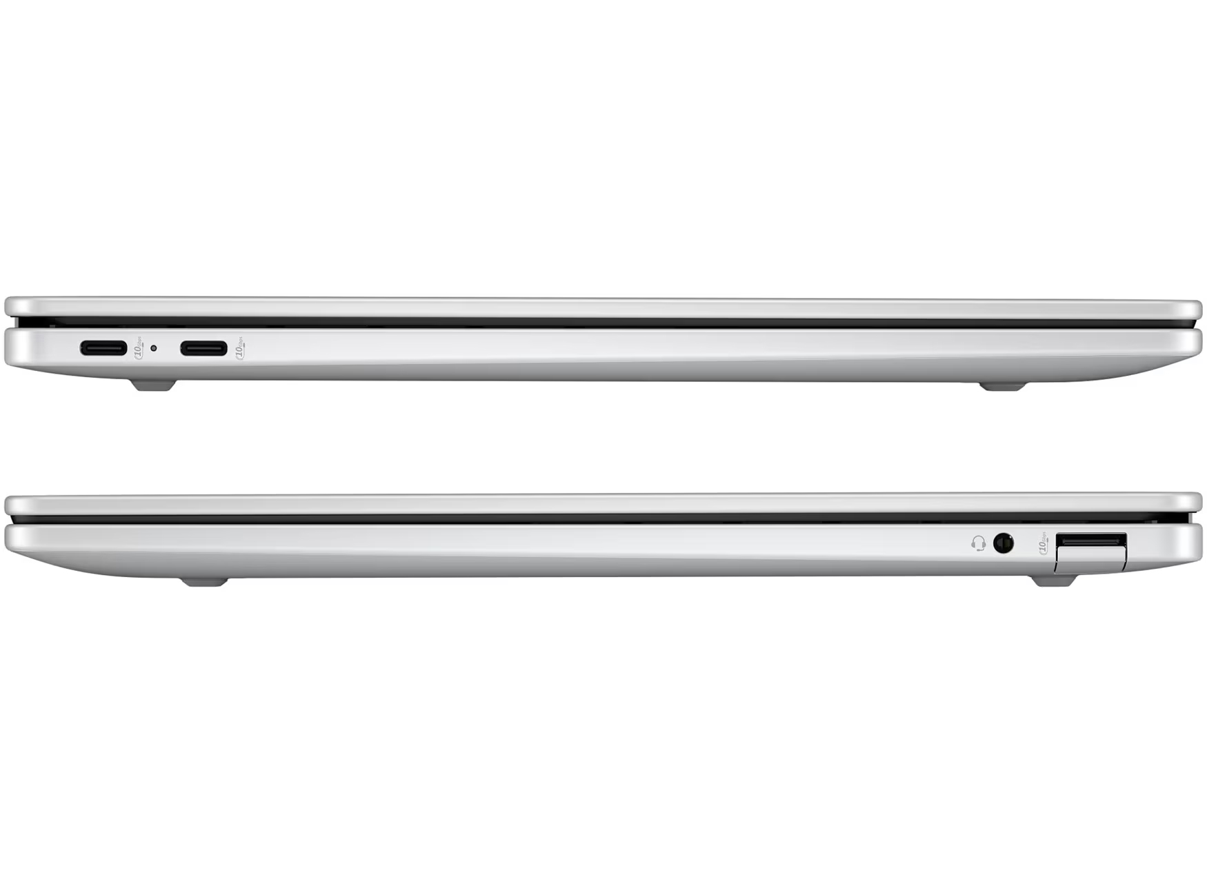 Nahaufnahme der Seitenansicht zweier geschlossener Laptops in Silber. Ports sind sichtbar.