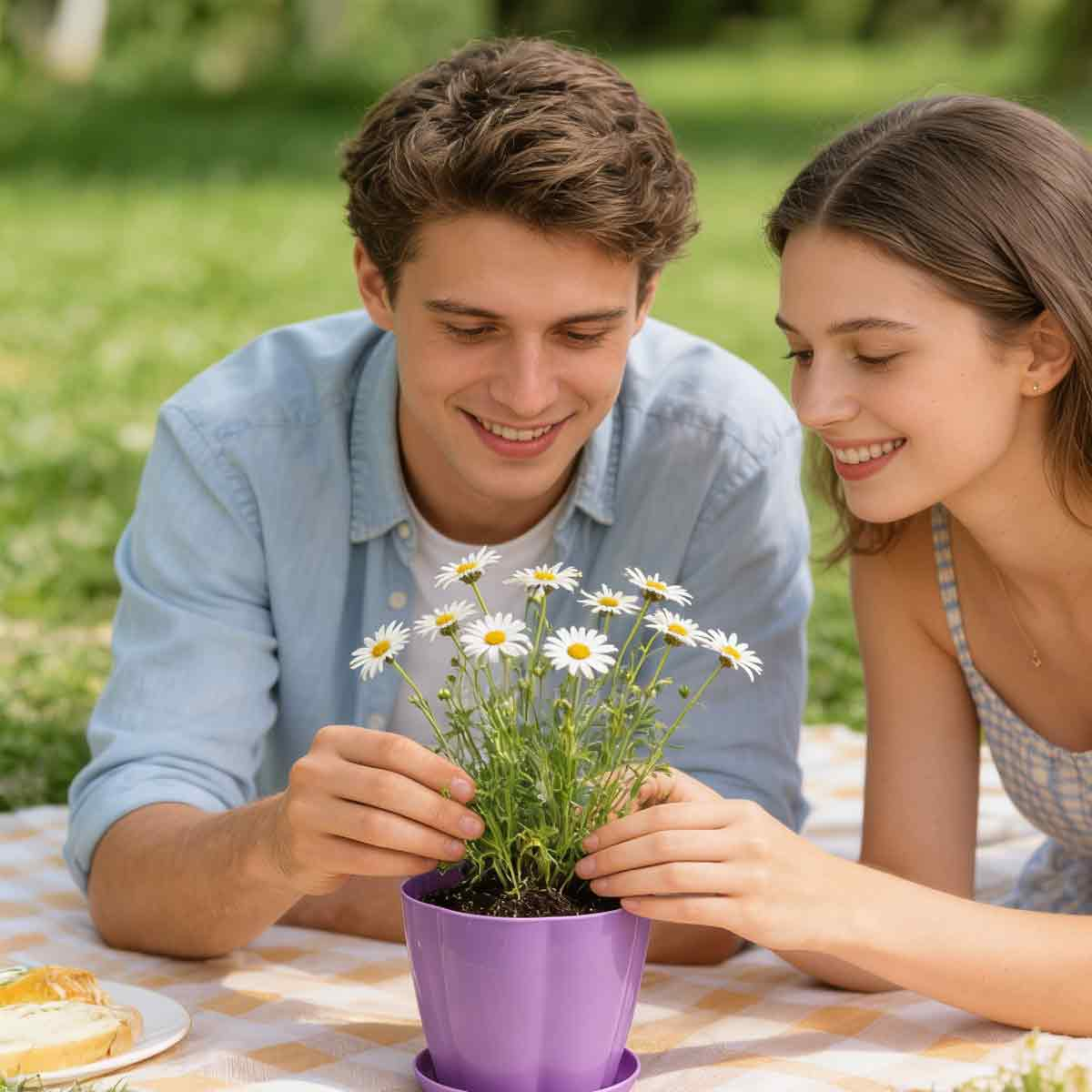 Ein Mann und eine Frau liegen auf einer Decke und betrachten eine Topfpflanze mit Gänseblümchen.