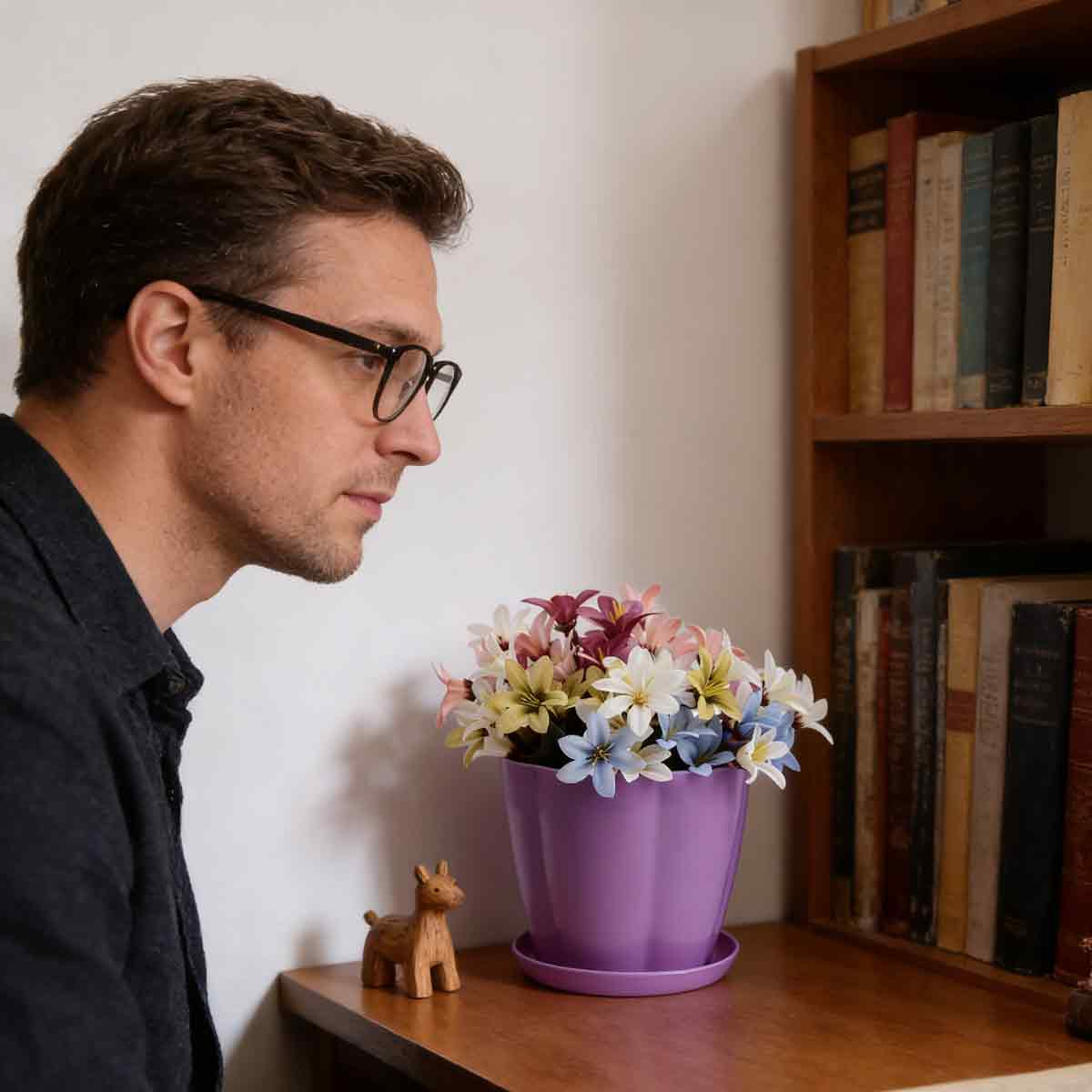 Mann mit Brille betrachtet lila Blumentopf mit bunten Blumen und Holzfigur.
