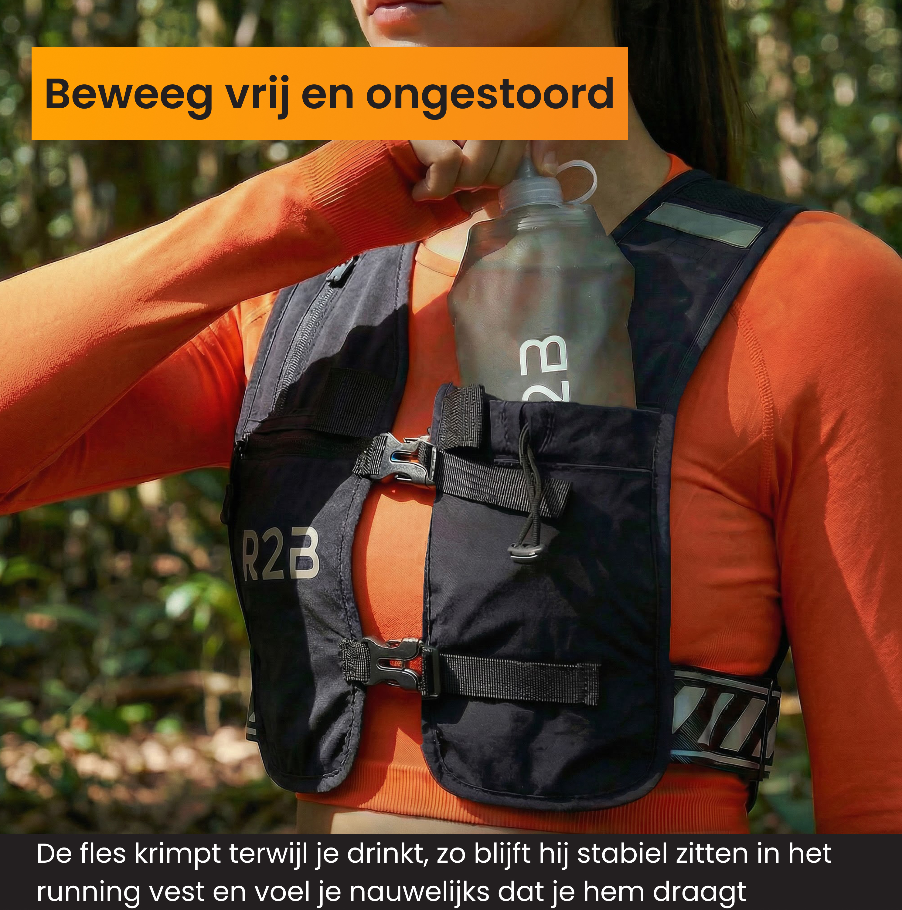 A person in an orange shirt wears a black running vest with a water bottle.