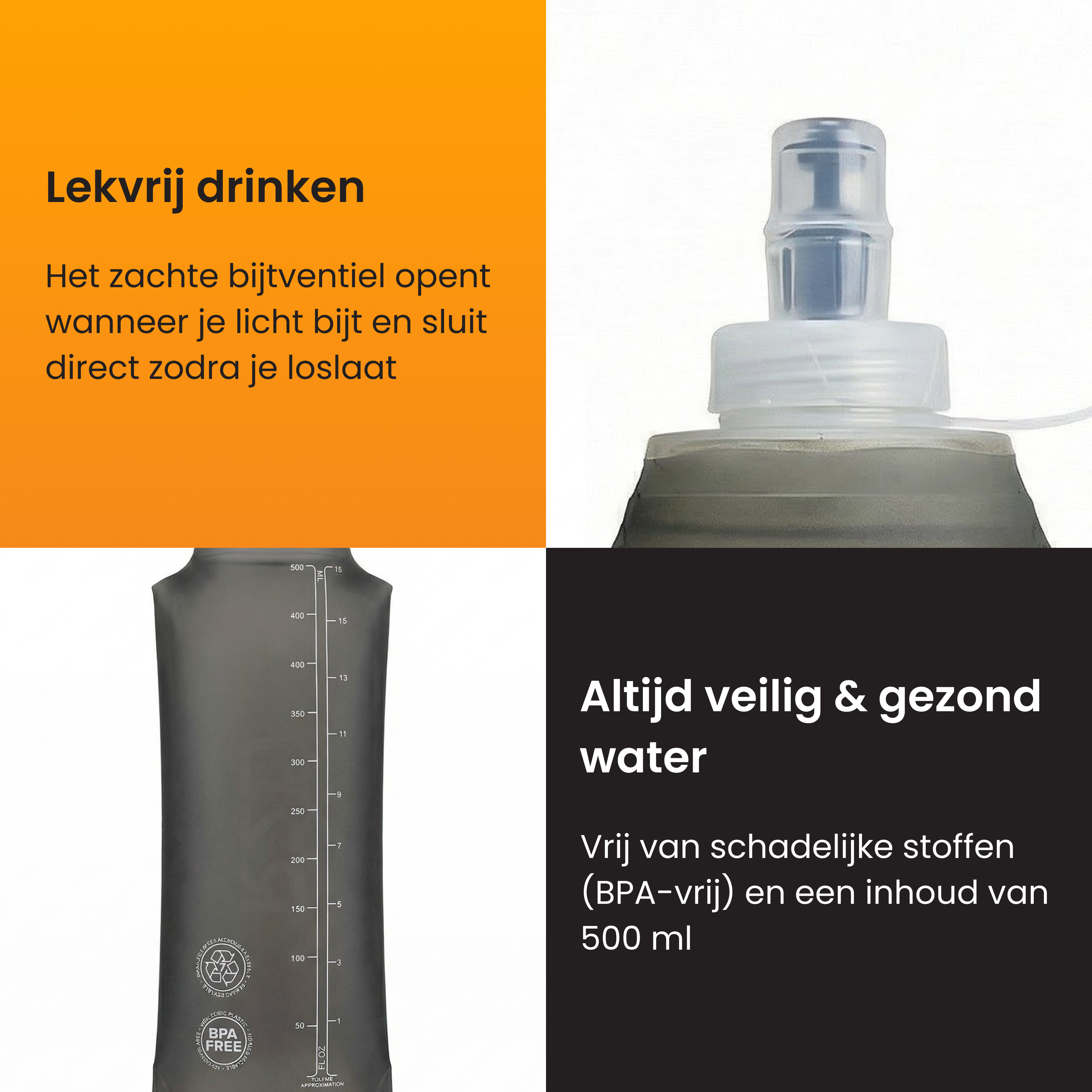 Gray water bottle with markings and cap. BPA-free, 500ml capacity.