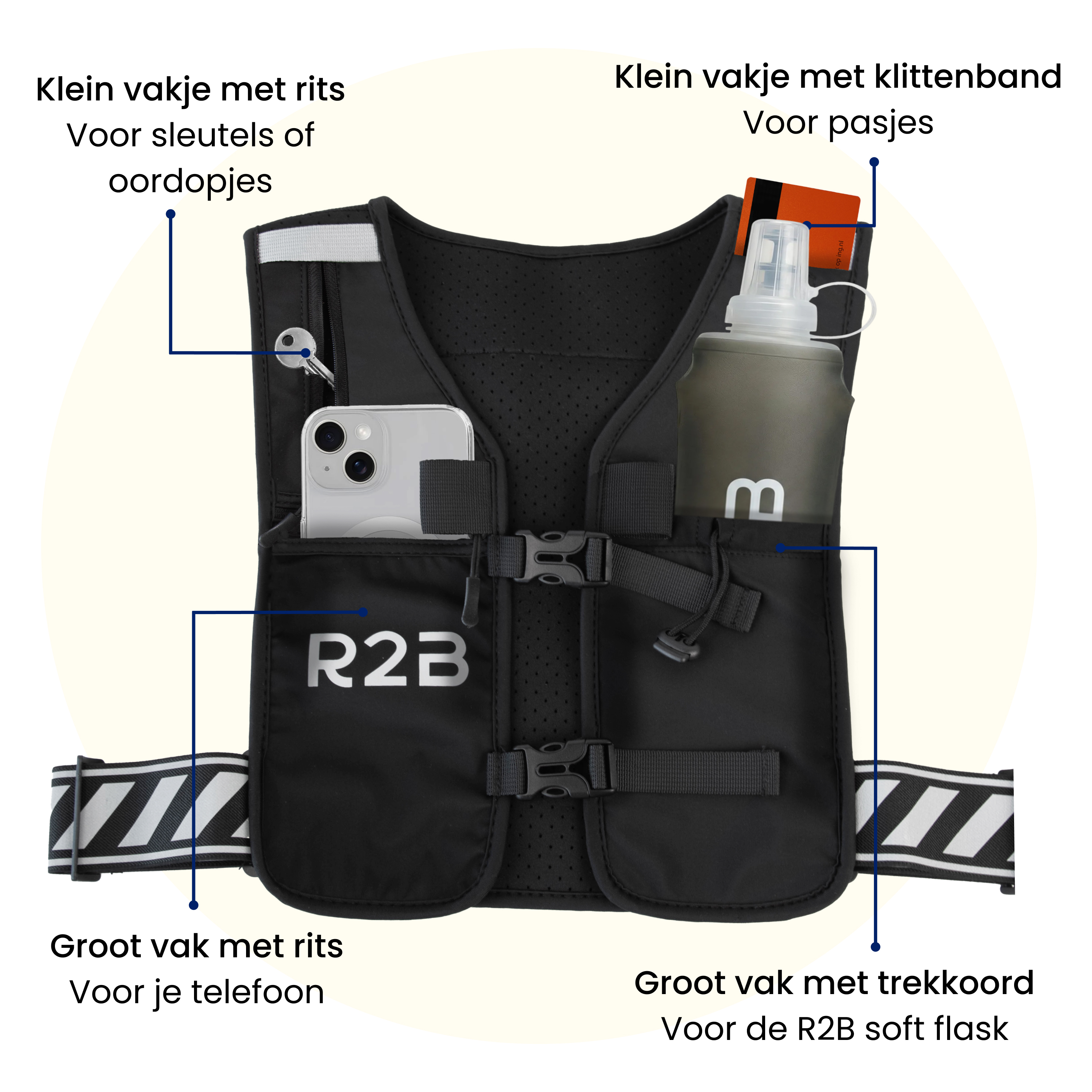 Black vest with multiple pockets for phone, keys, and flask. Features zippers and velcro.