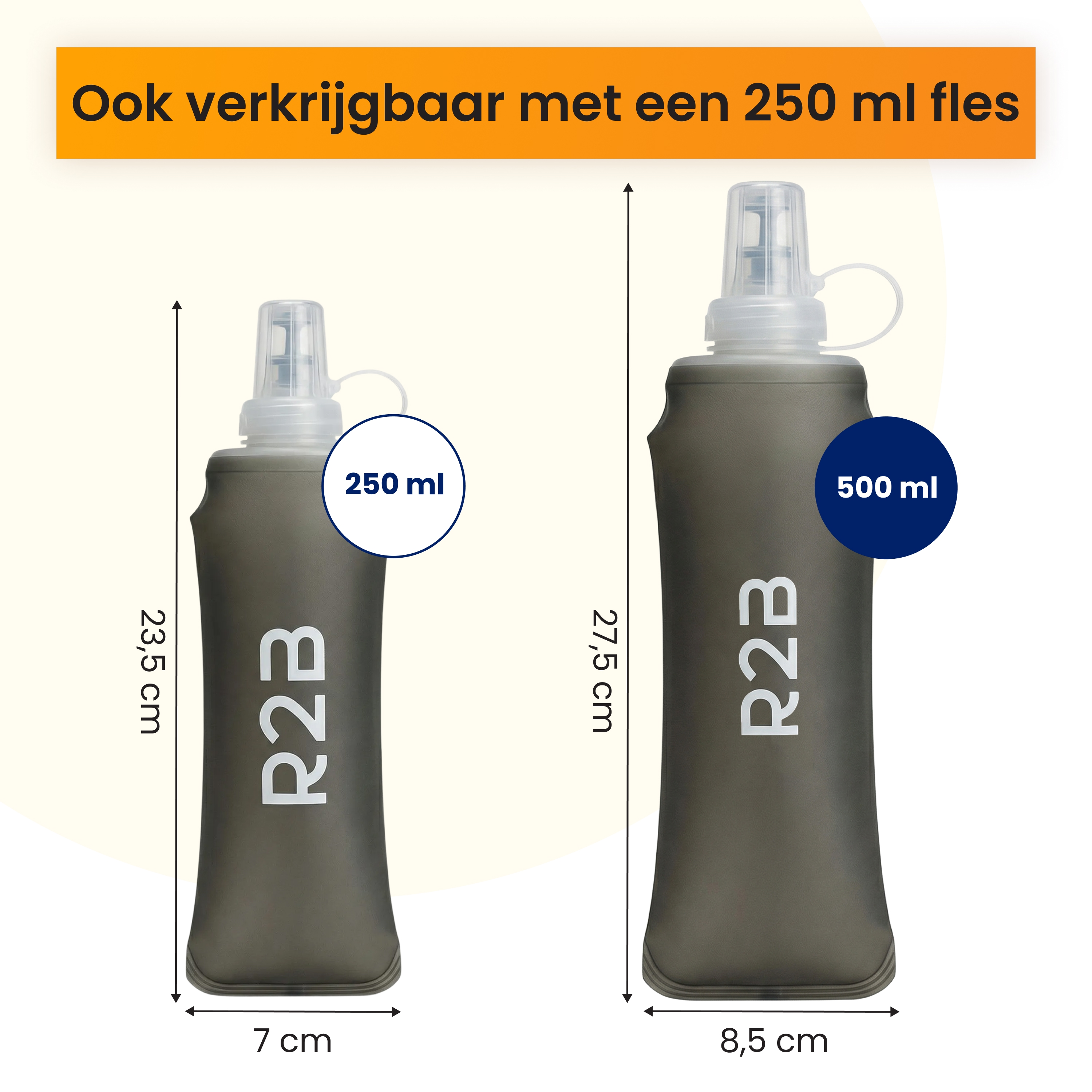 Two collapsible water bottles: 250 ml (23.5 cm) and 500 ml (27.5 cm).