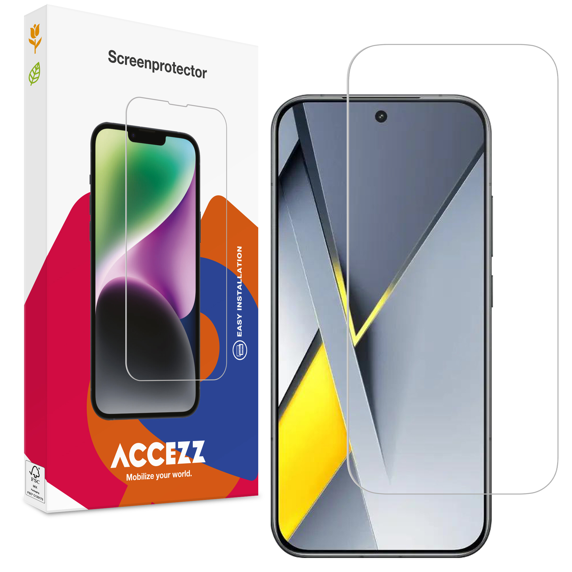 Verpakking met smartphone screenprotector en telefoonafbeelding.