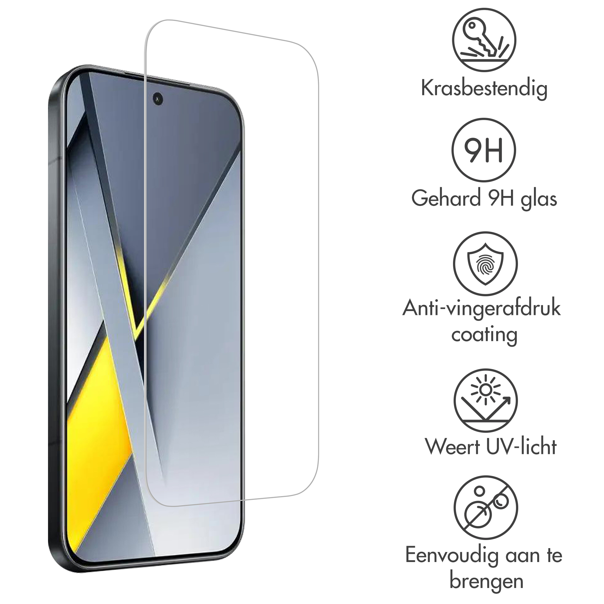 Een smartphone met screenprotector. Iconen tonen krasbestendigheid, 9H, anti-vingerafdruk, UV-bescherming.