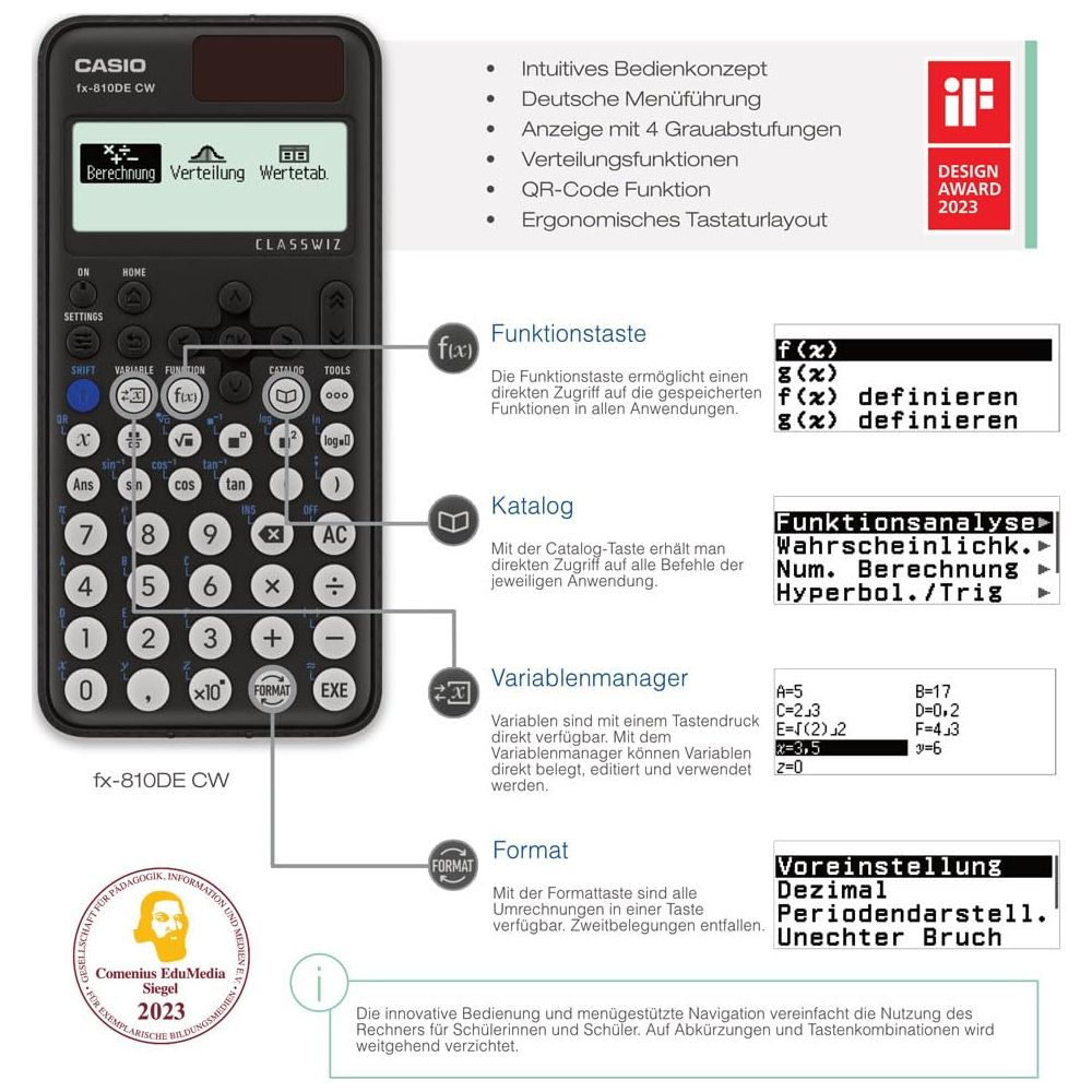 Kalkulator Casio fx-810DE CW z klawiszami Funkcja, Katalog, Menedżer Zmiennych i Format.