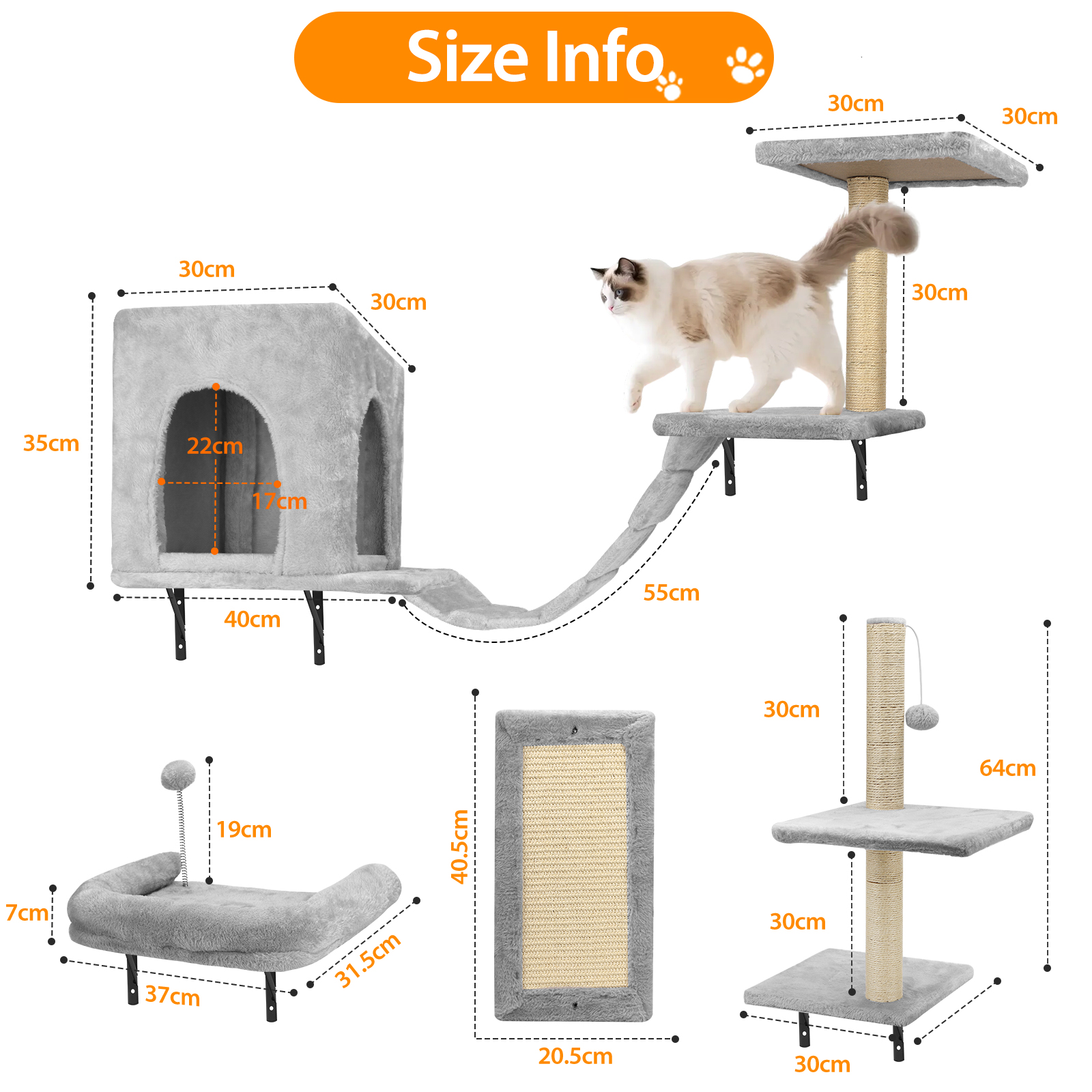 Información de tamaño para muebles para gatos: poste rascador, casa, cama y más.