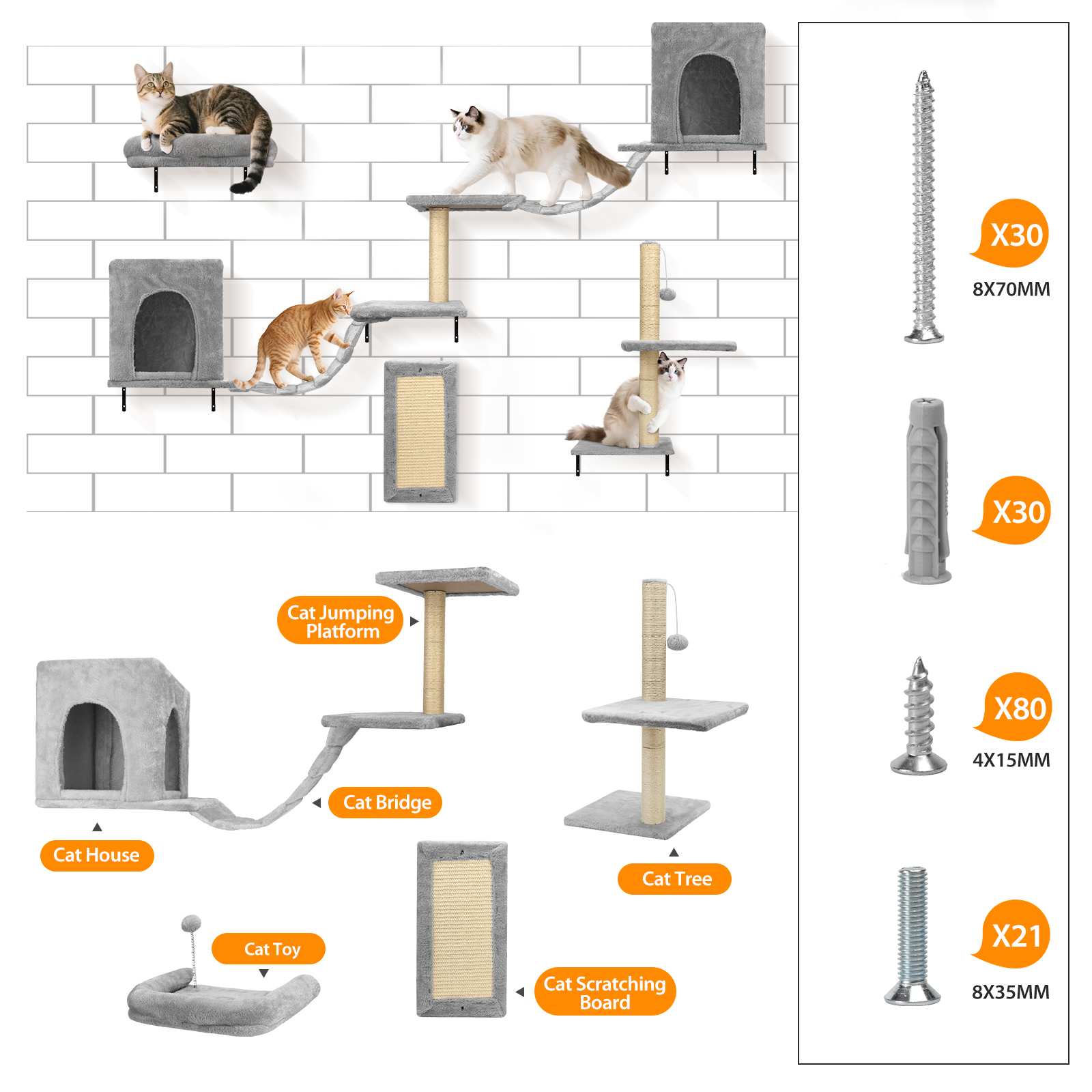 Mobiliario para gatos con rascadores, puentes, casas y juguetes, más tornillos.