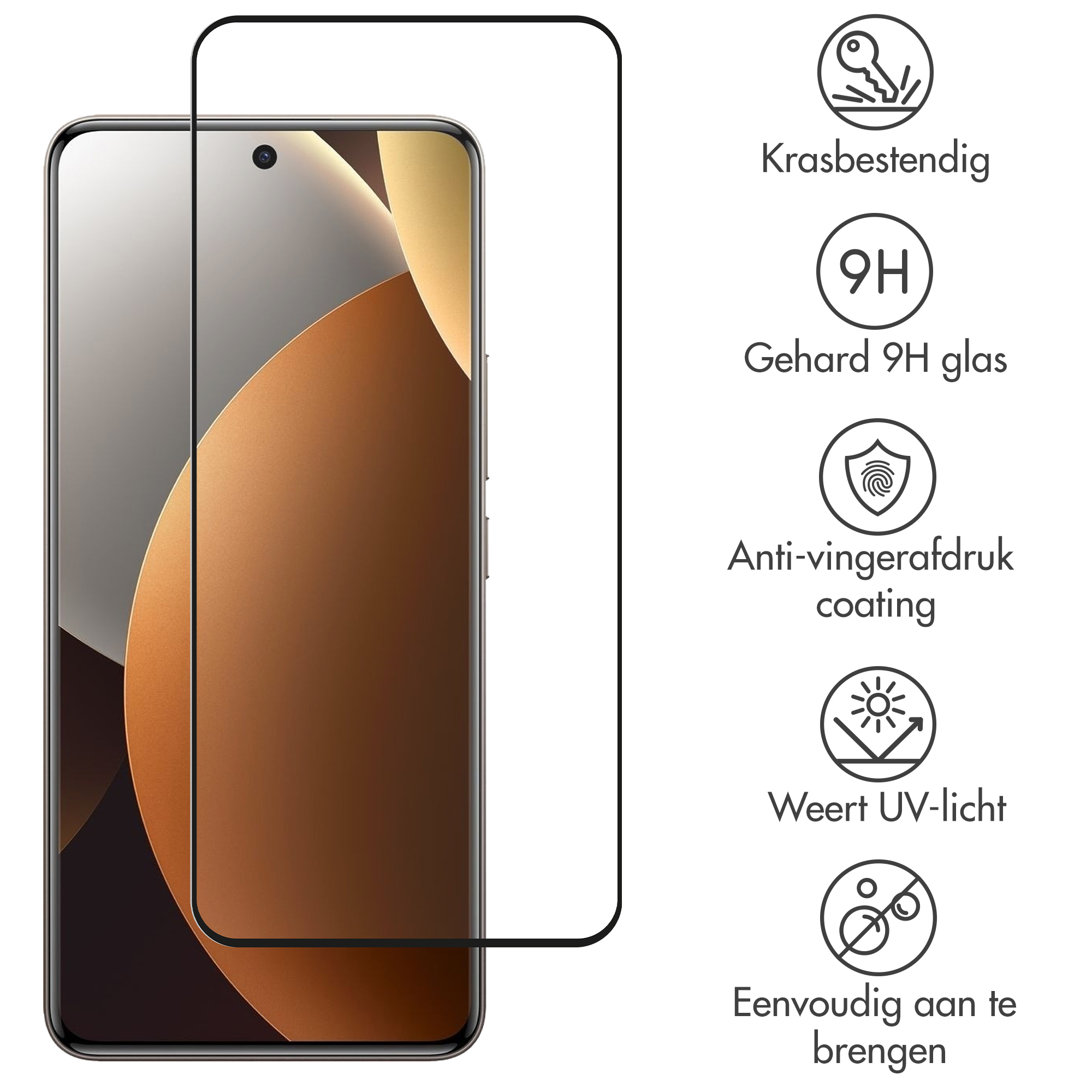 Screenprotector voor smartphone met icons voor krasbestendigheid, 9H hardheid, anti-vingerafdruk.