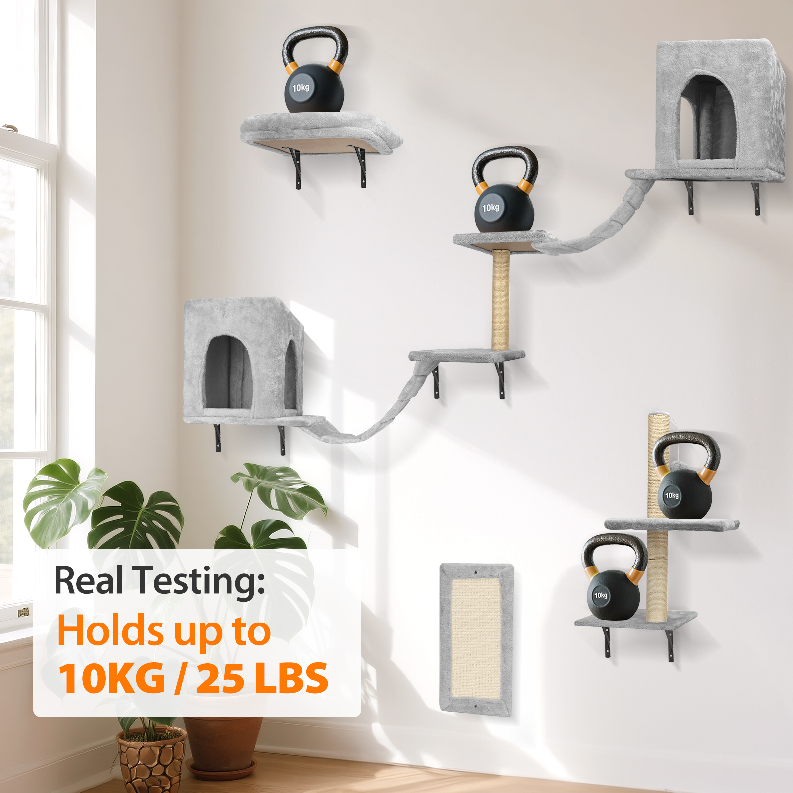 Muebles grises para gatos con kettlebells de 10 kg para prueba de peso.