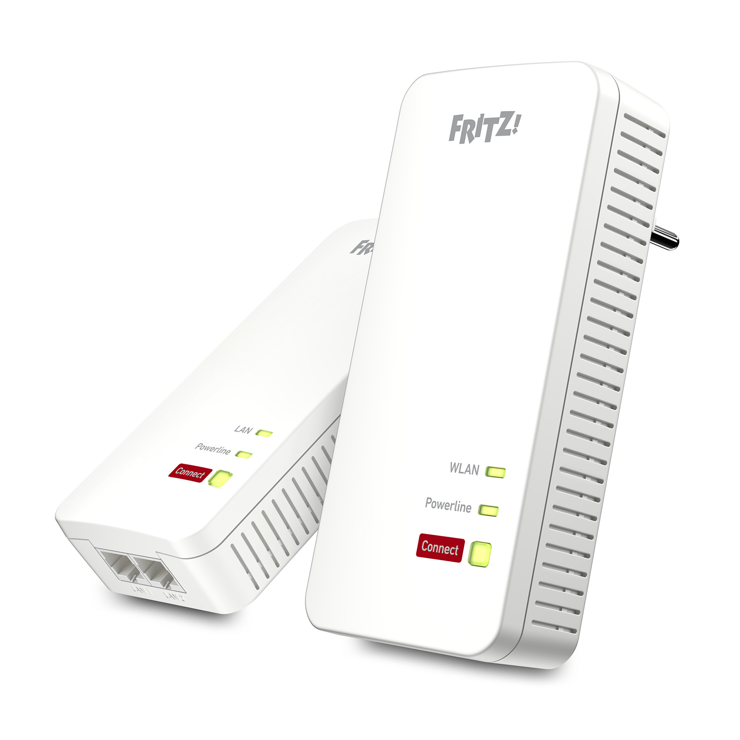 Zwei weiße FRITZ!Powerline-Adapter mit Lämpchen und LAN-Anschlüssen.