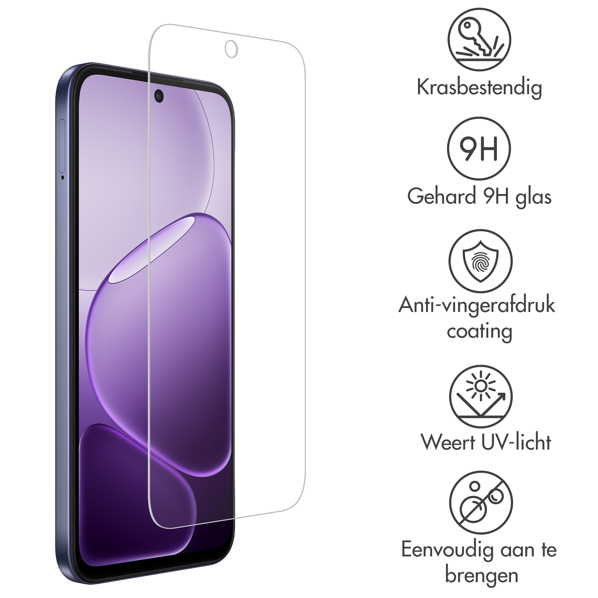Un smartphone avec protection d'écran. Caractéristiques : résistant aux rayures, 9H, anti-traces.