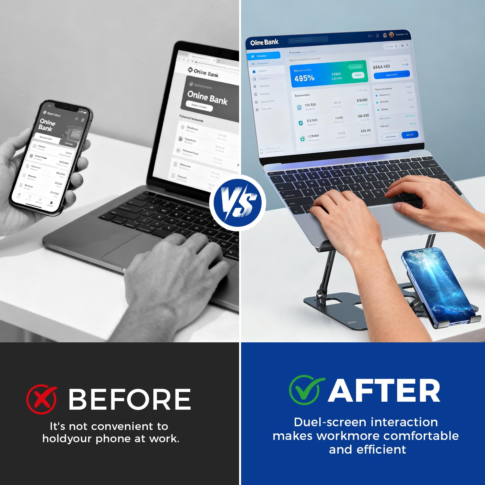 Vorher/Nachher-Vergleich: Handy am Laptop vs. Handy auf Ständer.