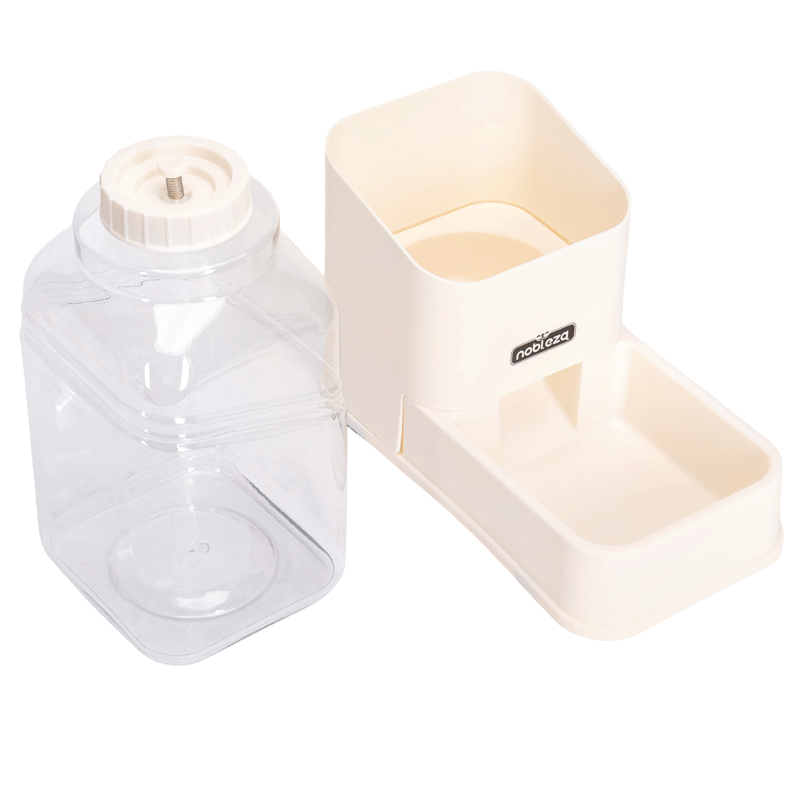 Un recipiente transparente junto a un comedero color crema con cuenco.