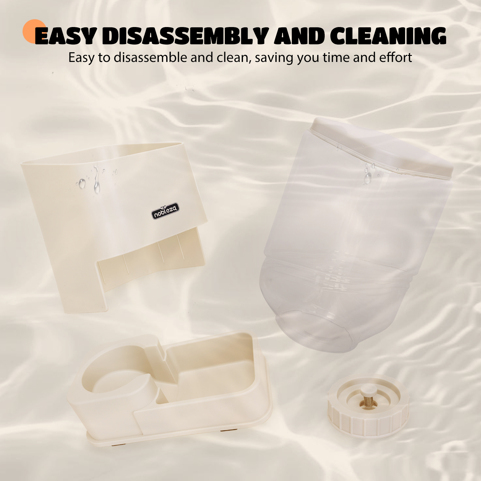 Partes de un dispositivo beige y transparente con gotas de agua sobre fondo claro.