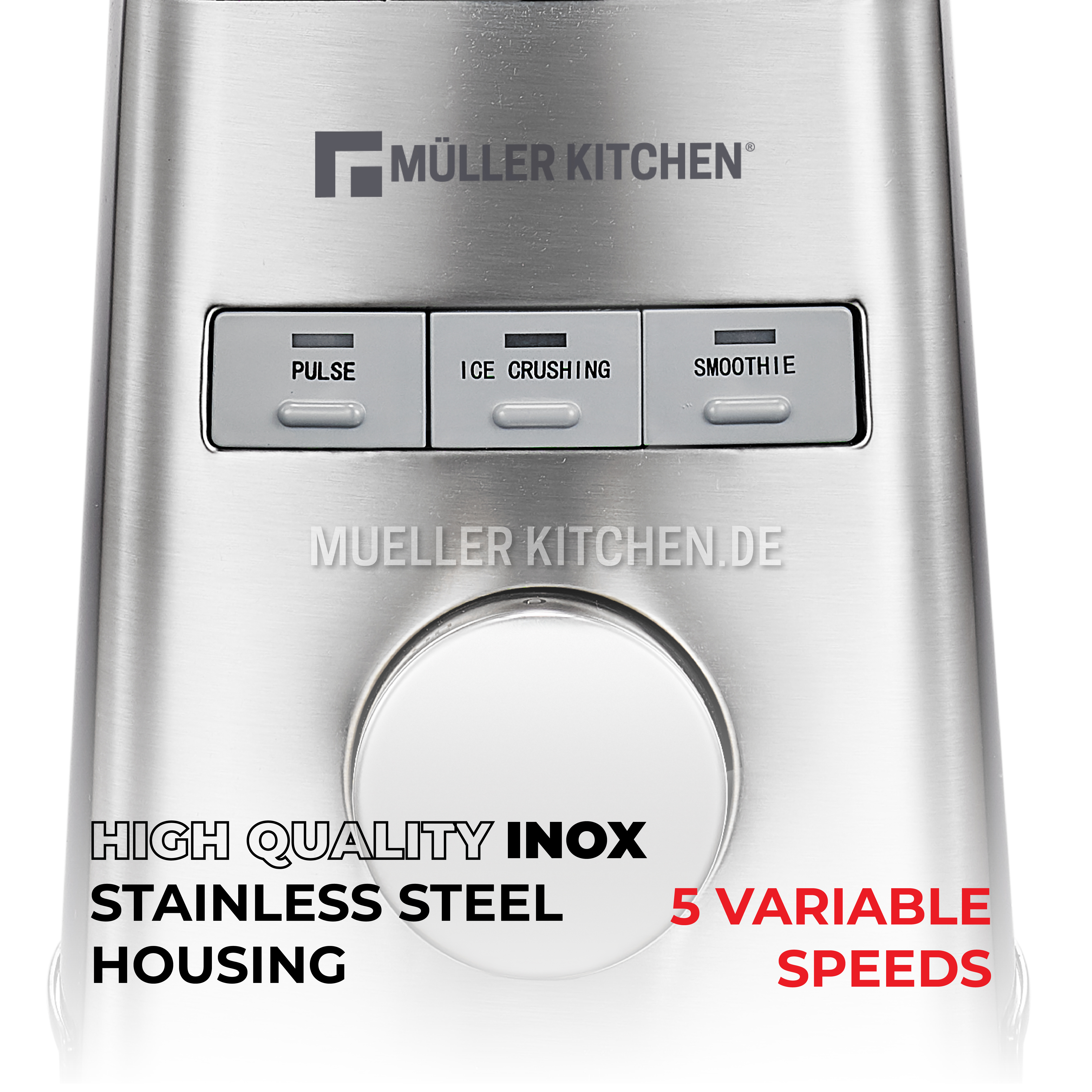 Carcasa de acero inoxidable con 3 botones: Pulsar, Triturar hielo, Smoothie.