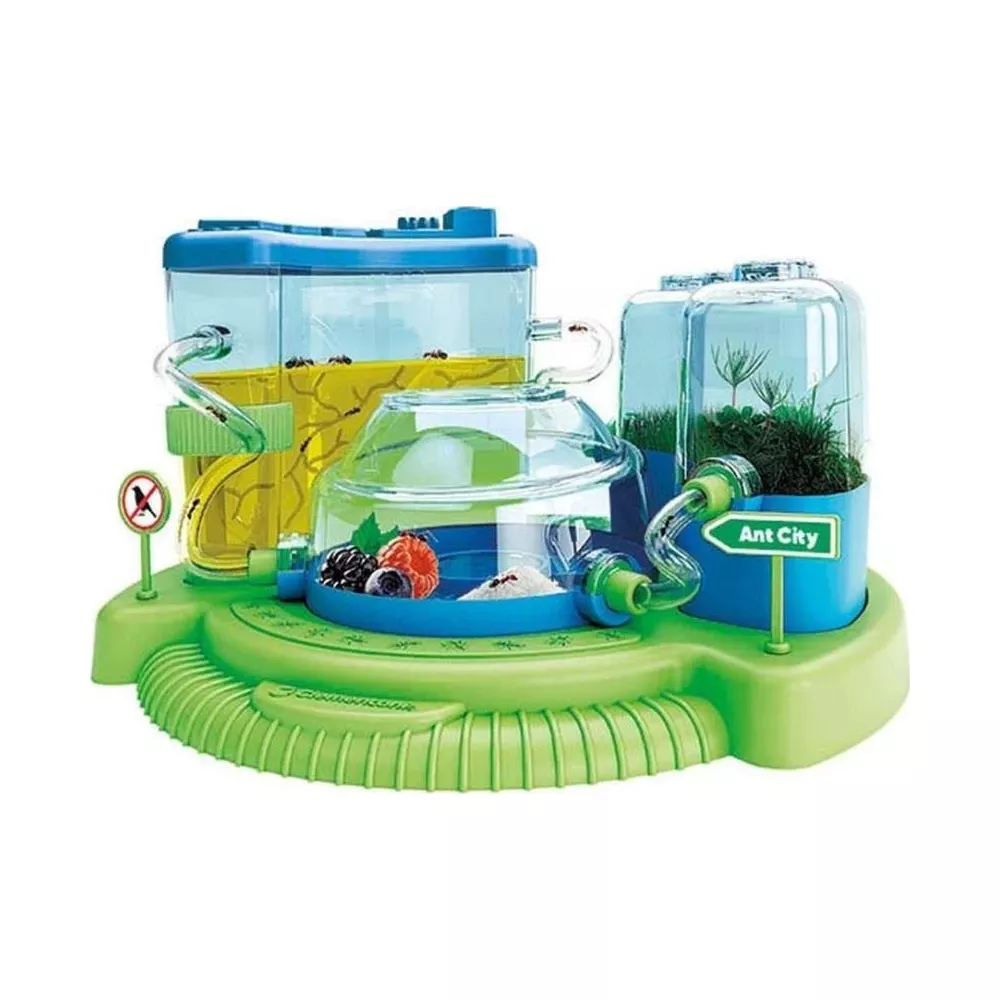 Ein lebendiges Ameisenfarm-Spielzeug mit mehreren durchsichtigen Behältern, gefüllt mit Gel und Erde.