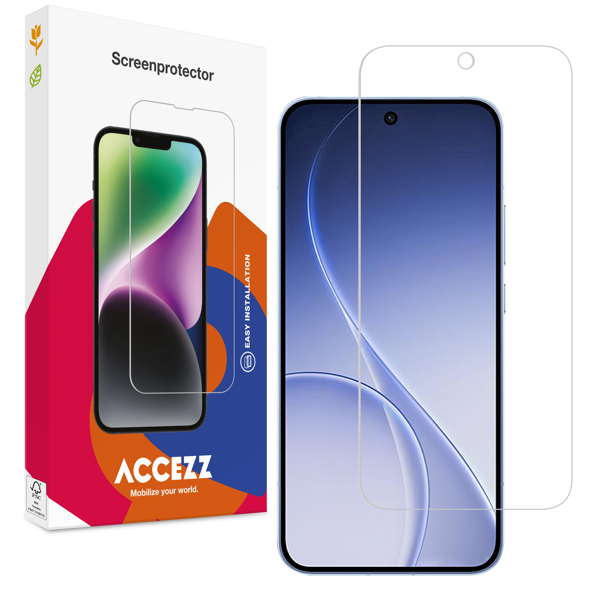 Verpakking met een telefoon screenprotector en een smartphone.