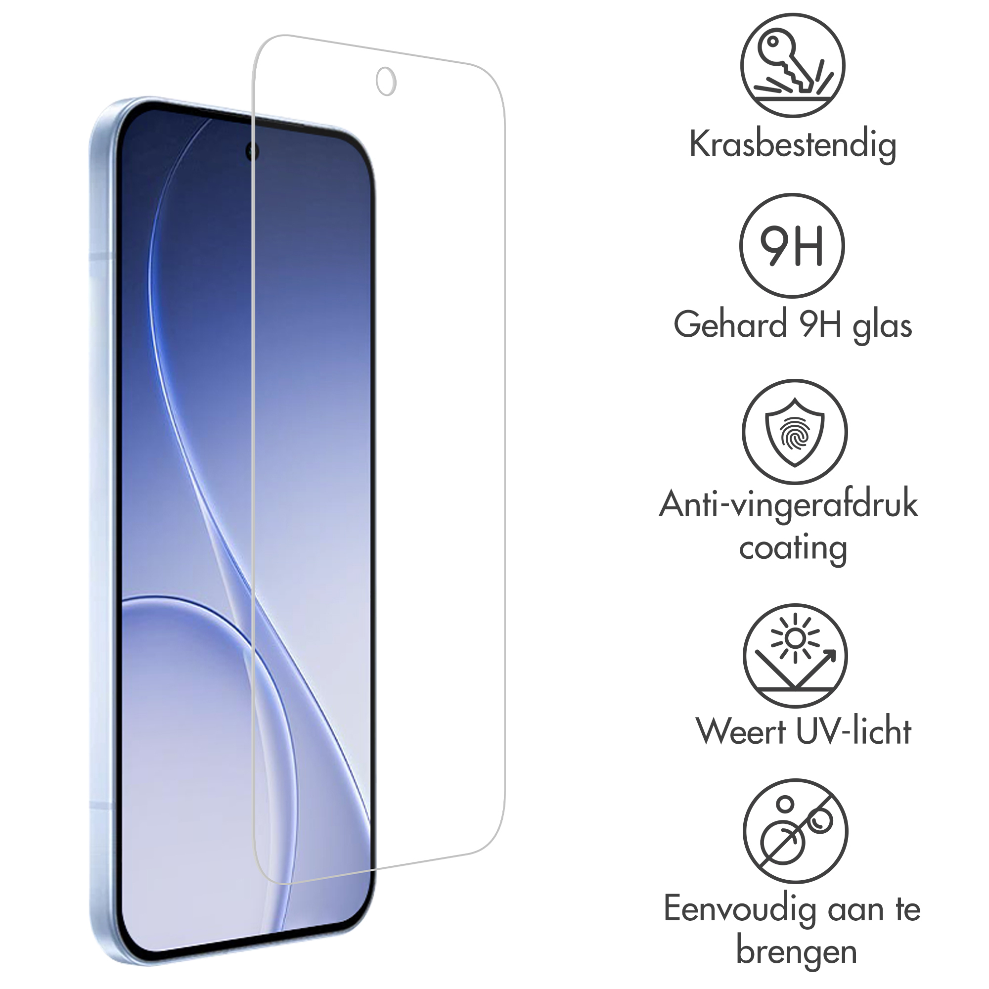 Een screenprotector voor smartphones met krasbestendigheid en 9H hardheid.