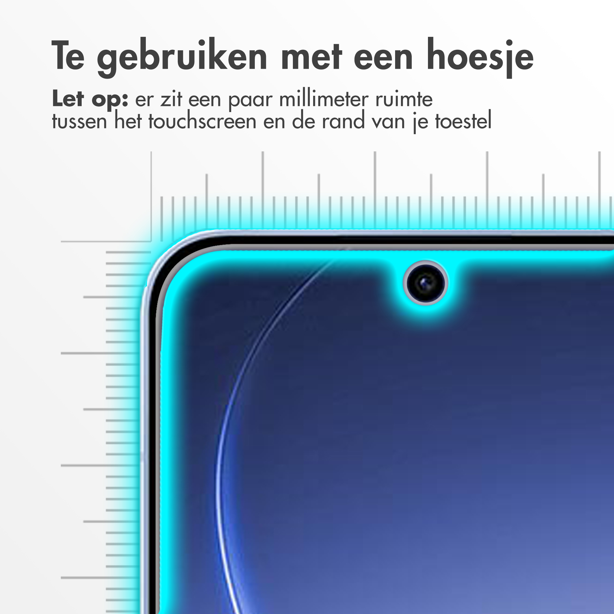 Close-up van een smartphone met een meetschaal die de afstand aangeeft.