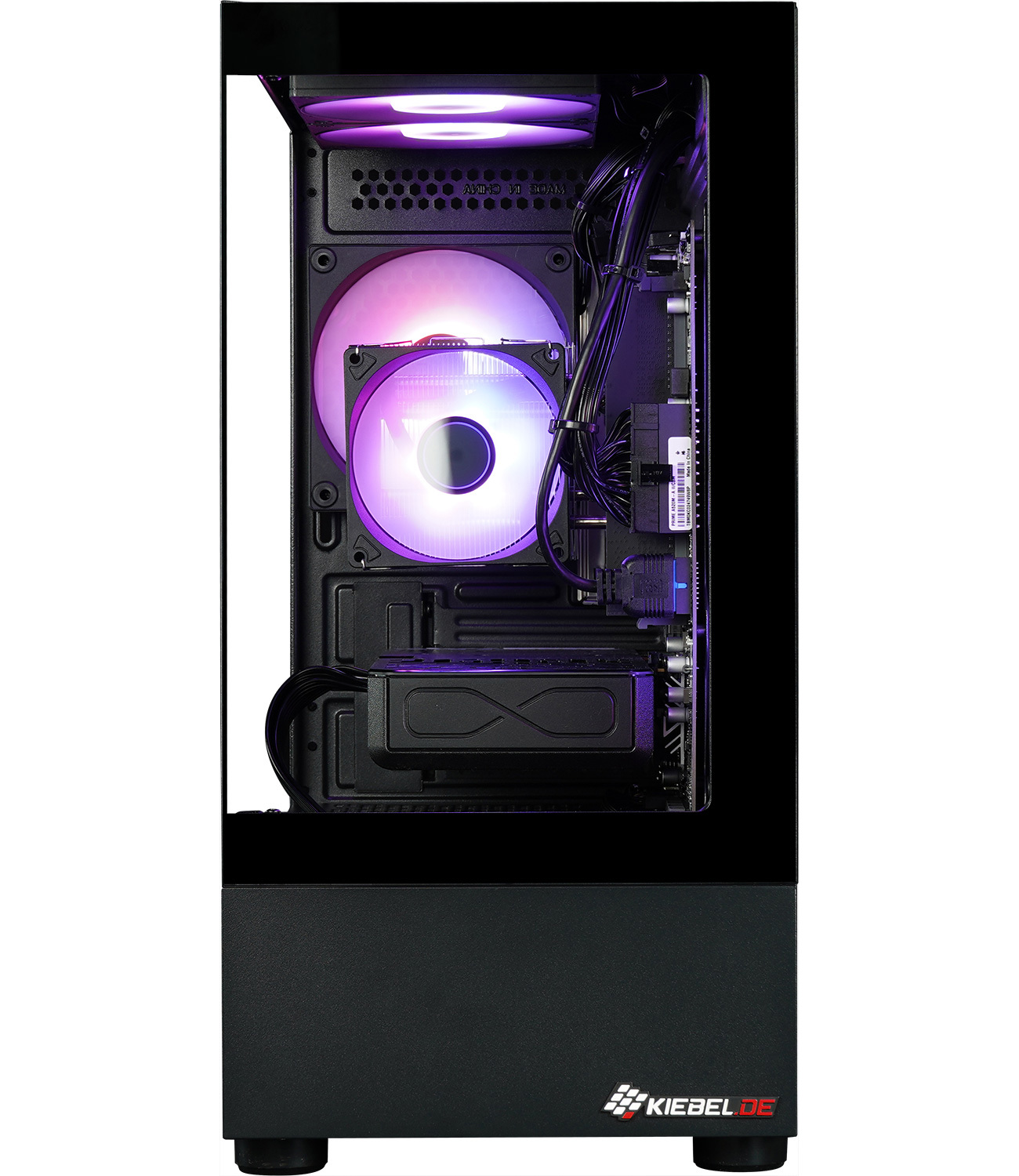 Een pc-behuizing met blauw verlichte ventilatoren en zichtbare interne componenten.