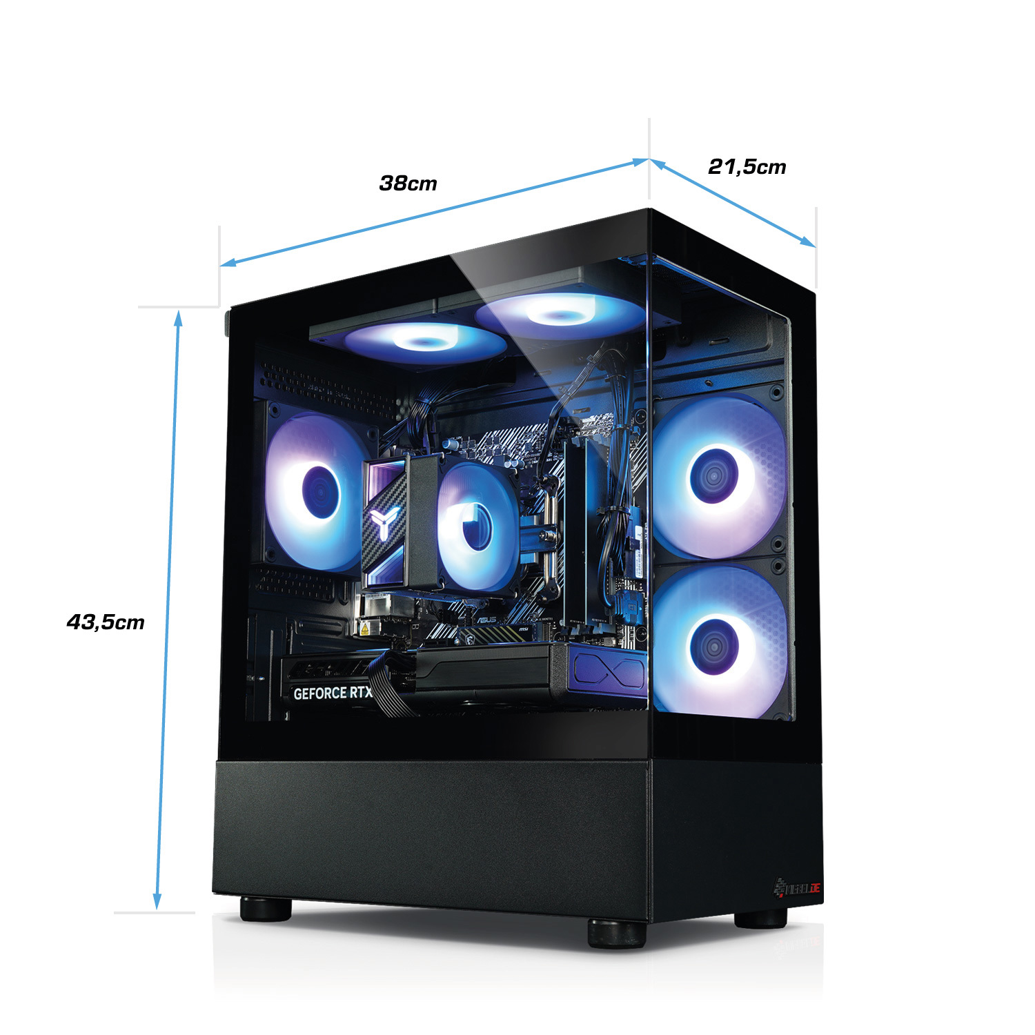Zwarte pc-toren met RGB-ventilatoren en GeForce RTX GPU. Afmetingen: H 43,5cm, B 21,5cm, D 38cm.