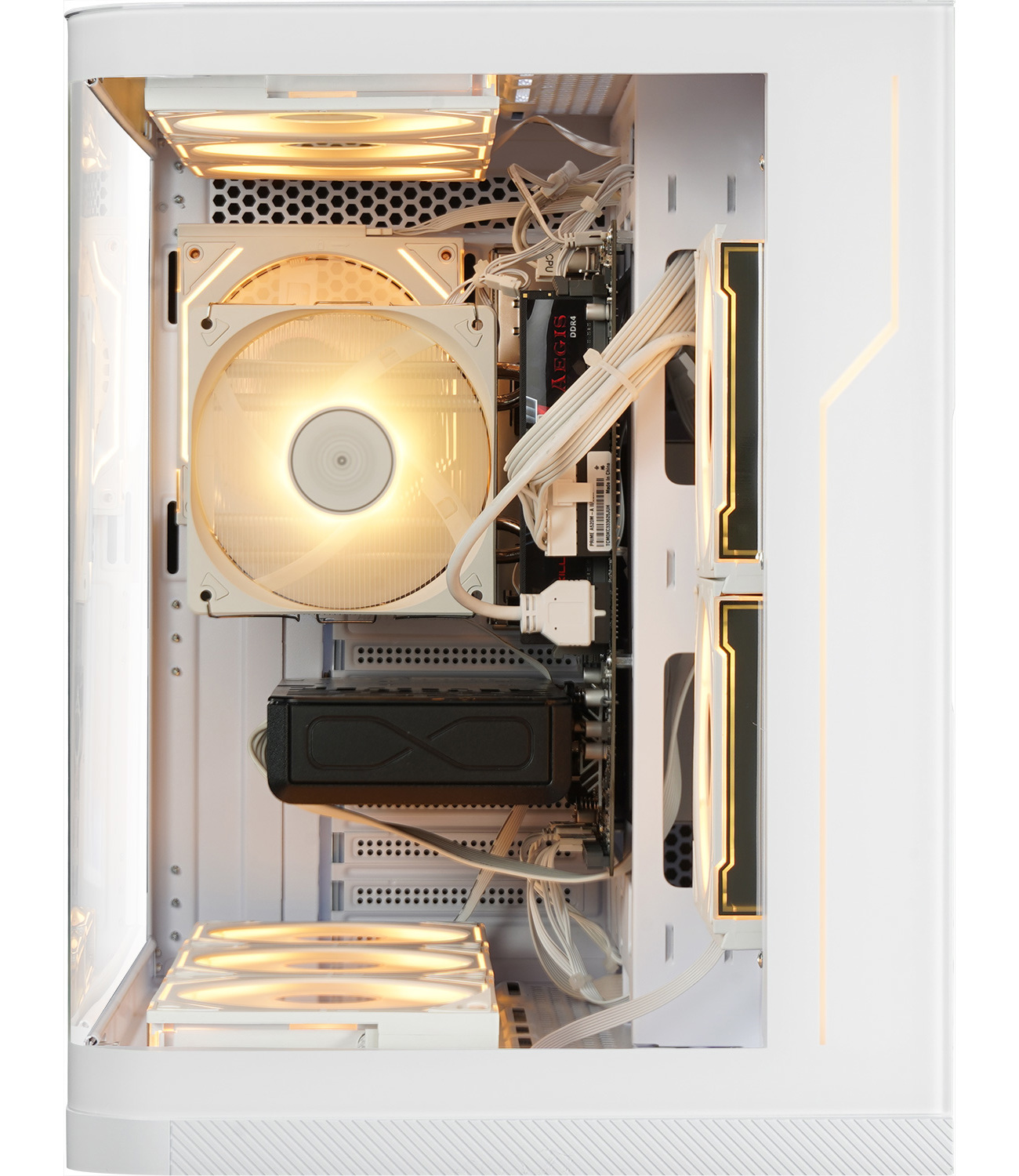White PC case with illuminated fans, cables, and components inside.
