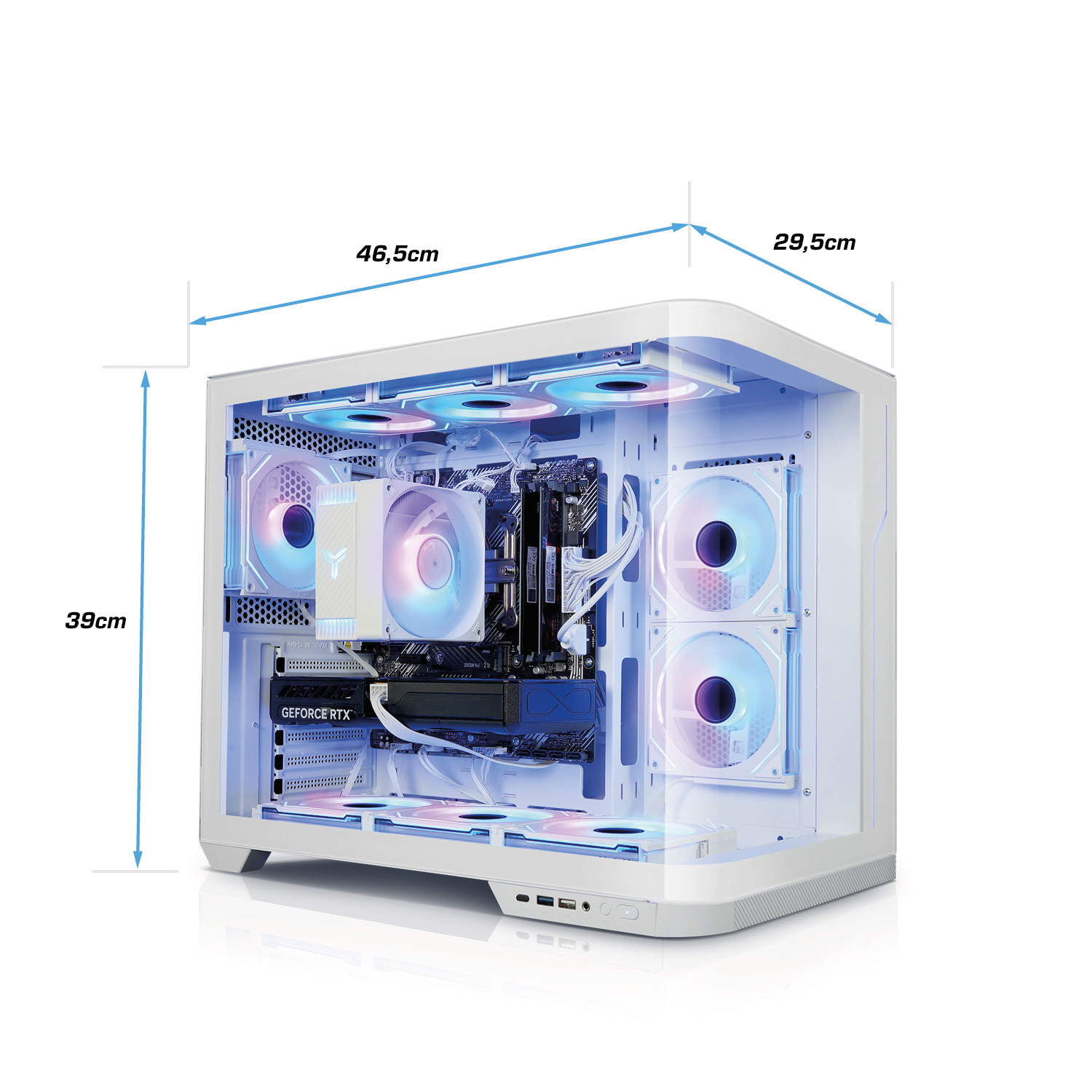 A white PC case with RGB fans, dimensions 46.5x29.5x39cm.