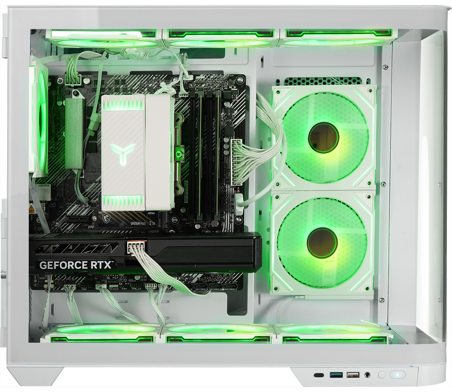 A white PC case with green RGB fans and components inside.
