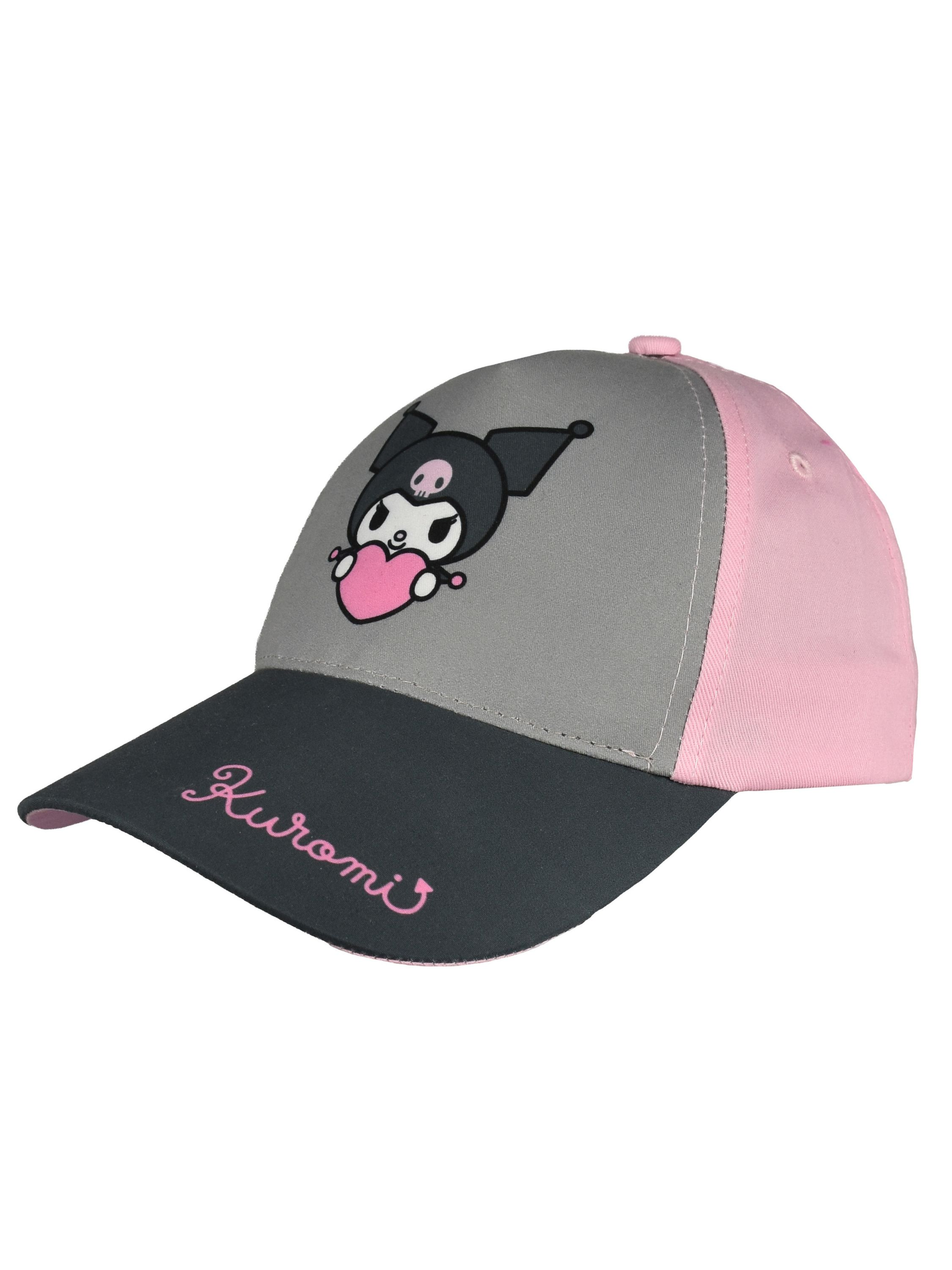 Graue Kappe mit rosa Schirm und Kuromi-Aufdruck.