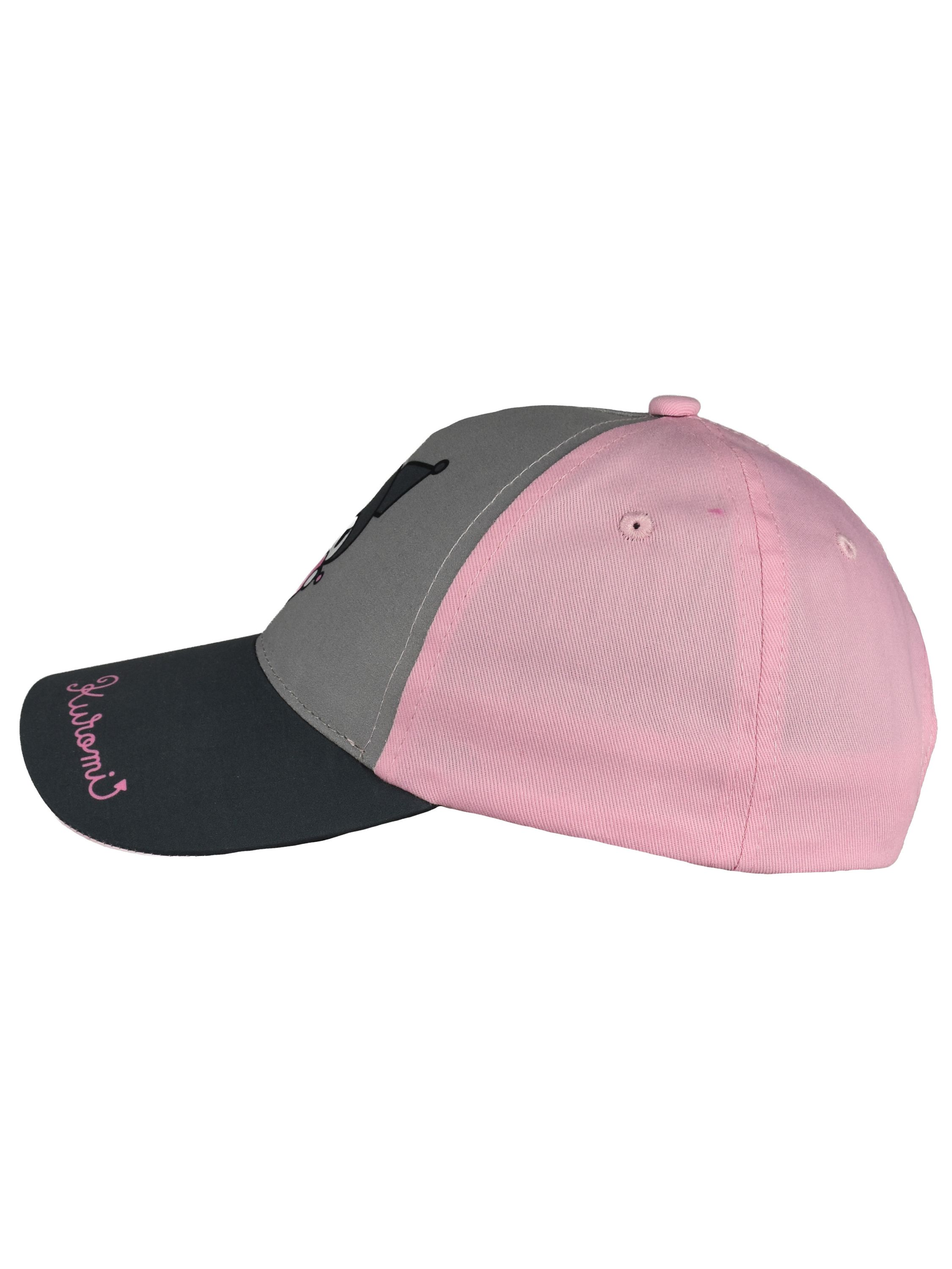 Eine graue und pinke Kappe mit schwarzem Schirm und Schriftzug.